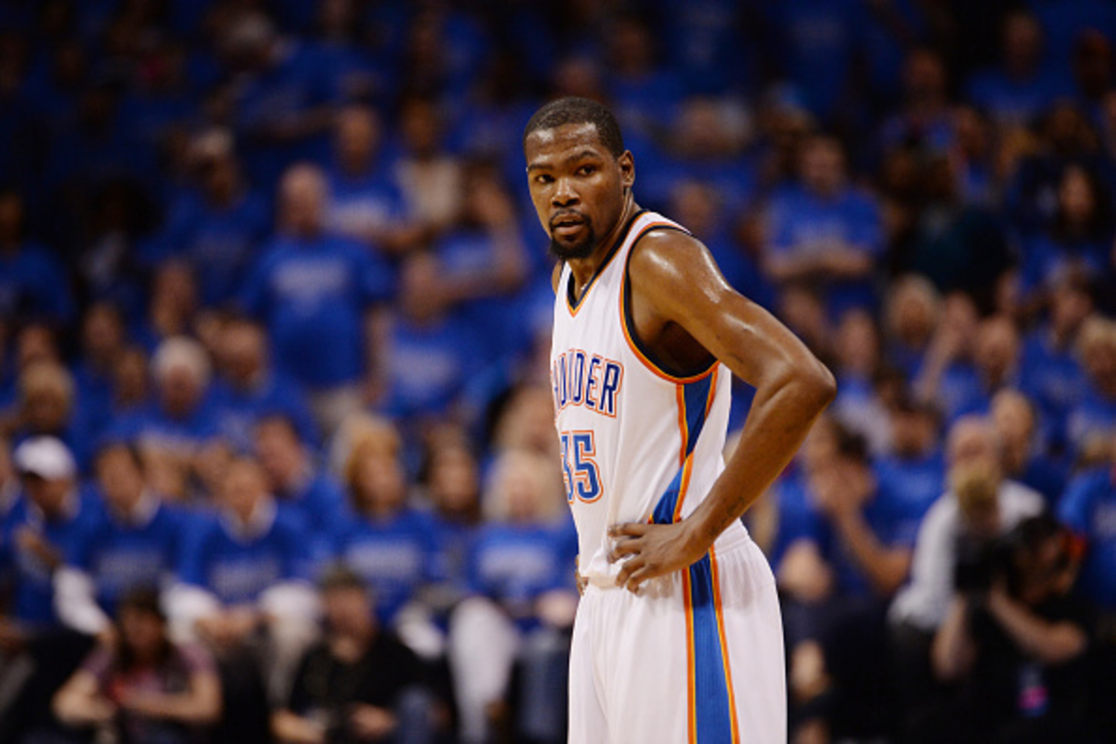 OKLAHOMA CITY, OK- MAY 28:  Kevin Durant #35 of the Oklahoma City Thunder stands on the court during the game against the Golden State Warriors in Game Six of the Western Conference Finals during the 2016 NBA Playoffs on May 28, 2016 at Chesapeake Energy 