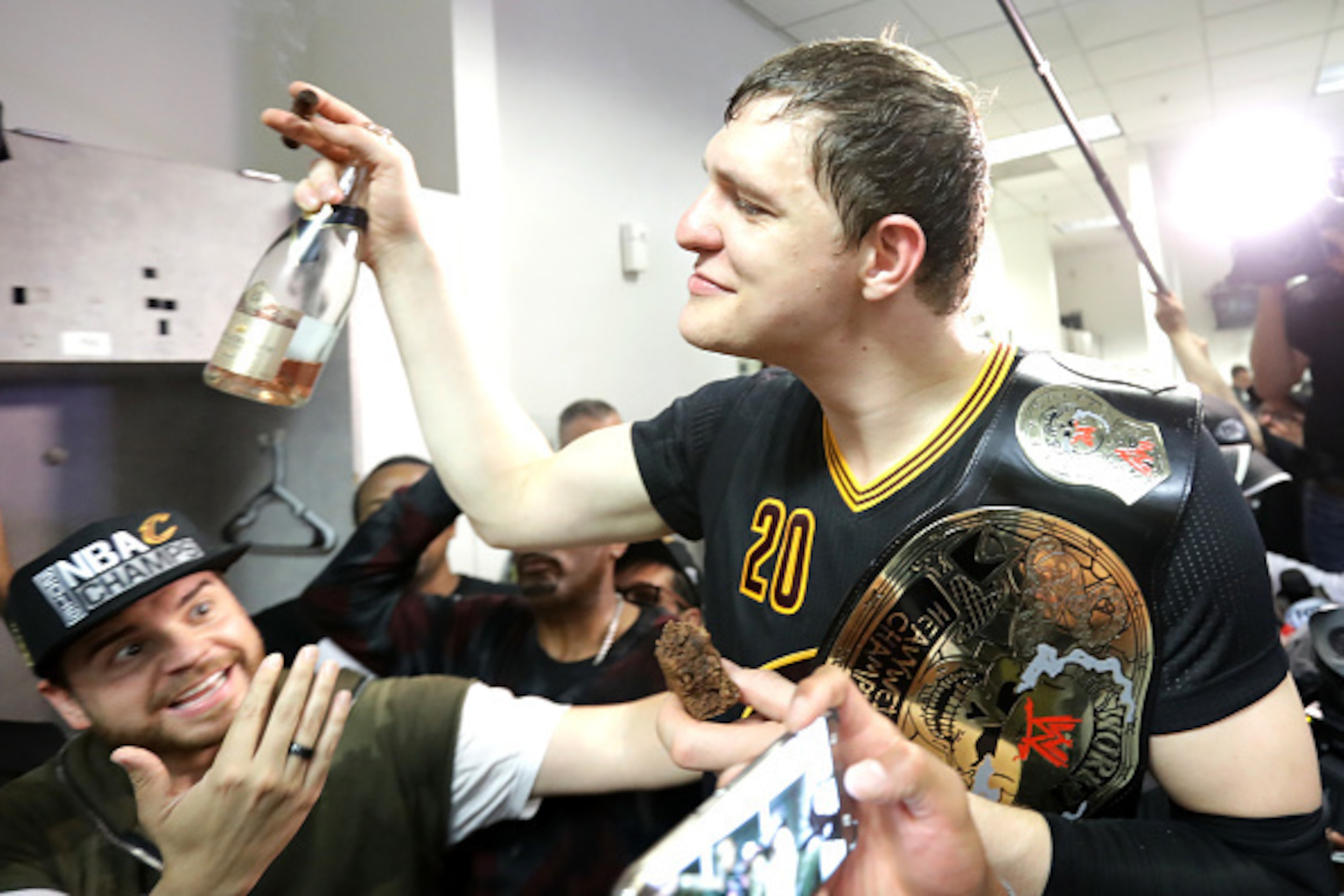 OAKLAND, CA - JUNE 19: Timofey Mozgov #20 of the Cleveland Cavaliers celebrates in the locker room after defeating the Golden State Warriors 93-89 in Game 7 to win the 2016 NBA Finals at ORACLE Arena on June 19, 2016 in Oakland, California. NOTE TO USER: OAKLAND, CA - JUNE 19: Timofey Mozgov #20 of the Cleveland Cavaliers celebrates in the locker room after defeating the Golden State Warriors 93-89 in Game 7 to win the 2016 NBA Finals at ORACLE Arena on June 19, 2016 in Oakland, California. NOTE TO USER: