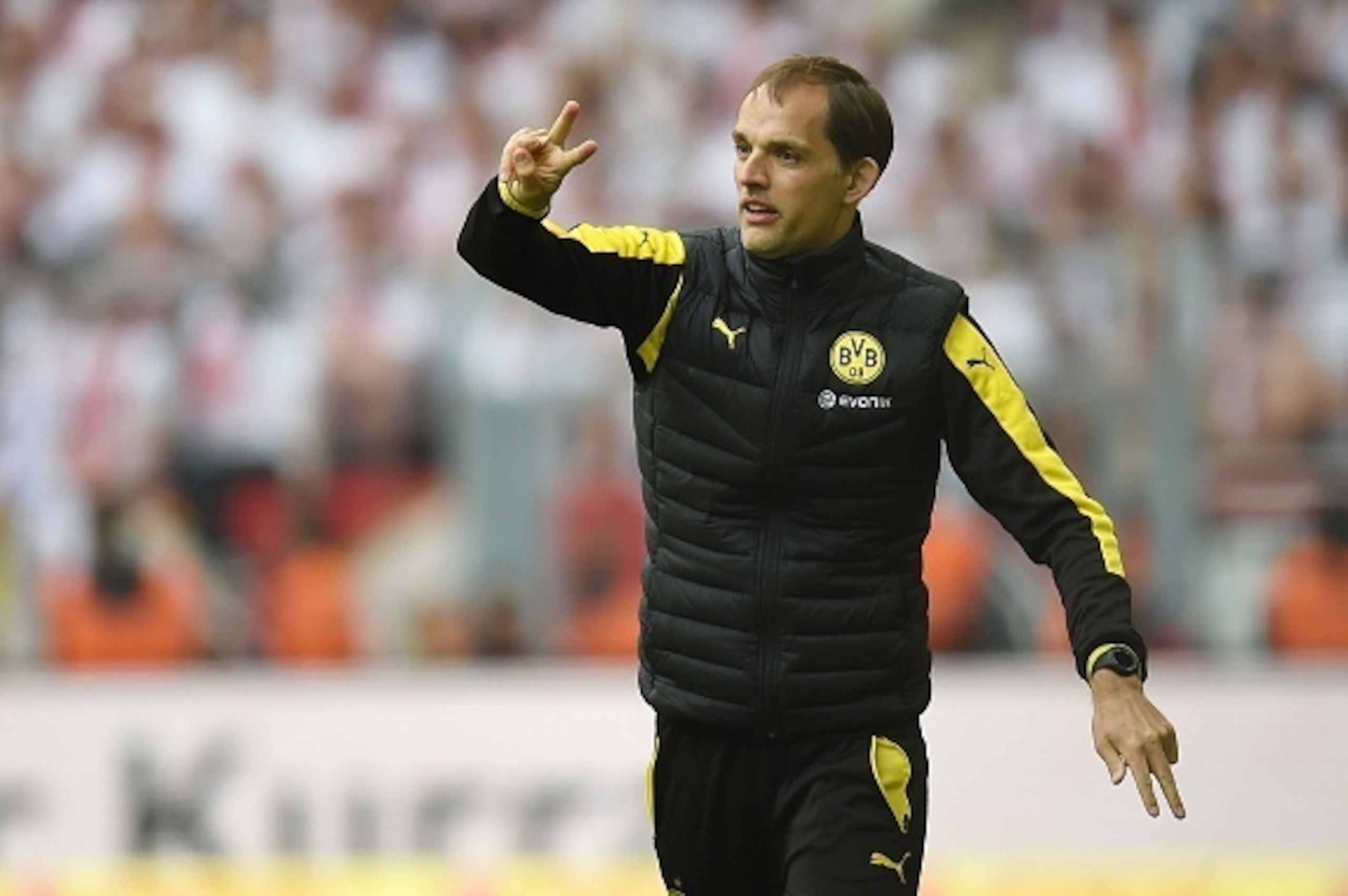 Dortmund's head coach Thomas Tuchel reacts during the German first division Bundesliga football match between Borussia Dortmund  and 1 FC Cologne, in Dortmund, western Germany, on May 14, 2016. / AFP / PATRIK STOLLARZ / RESTRICTIONS: DURING MATCH TIME: DF