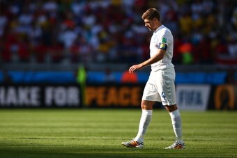 BELO HORIZONTE, BRAZIL - JUNE 24: Steven Gerrard of England looks on after a 0-0 draw during the 2014 FIFA World Cup Brazil Group D match between Costa Rica and England at Estadio Mineirao on June 24, 2014 in Belo Horizonte, Brazil.  (Photo by Paul Gilham