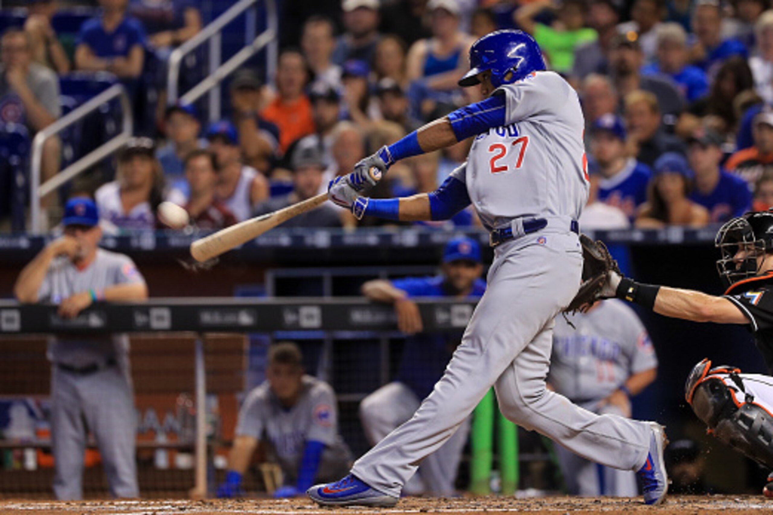 MIAMI, FL - JUNE 25: Addison Russell #27 of the Chicago Cubs hits a three run home run during the third inning of the game against the Miami Marlins at Marlins Park on June 25, 2016 in Miami, Florida. (Photo by Rob Foldy/Getty Images) MIAMI, FL - JUNE 25: Addison Russell #27 of the Chicago Cubs hits a three run home run during the third inning of the game against the Miami Marlins at Marlins Park on June 25, 2016 in Miami, Florida. (Photo by Rob Foldy/Getty Images)