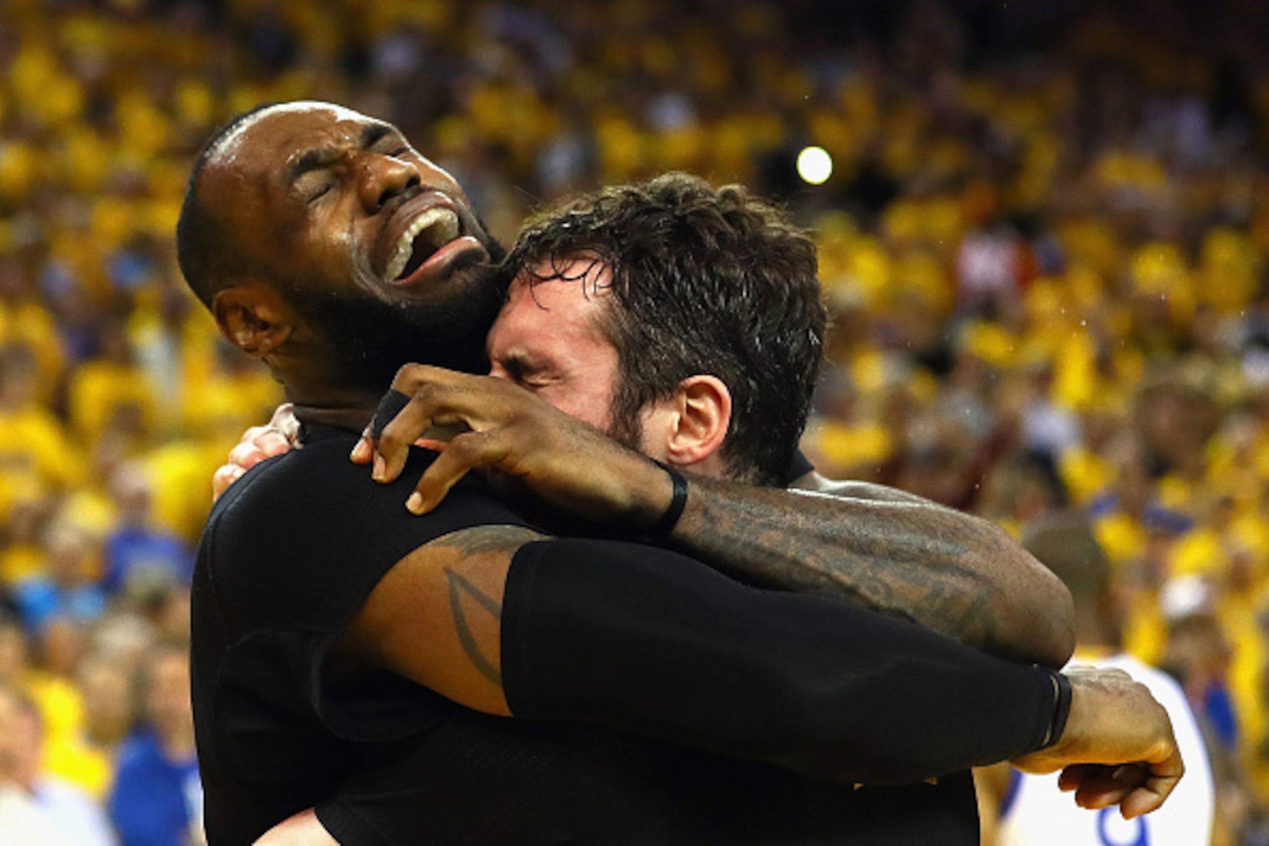 OAKLAND, CA - JUNE 19:  LeBron James #23 and Kevin Love #0 of the Cleveland Cavaliers celebrate after defeating the Golden State Warriors 93-89 in Game 7 of the 2016 NBA Finals at ORACLE Arena on June 19, 2016 in Oakland, California. NOTE TO USER: User ex