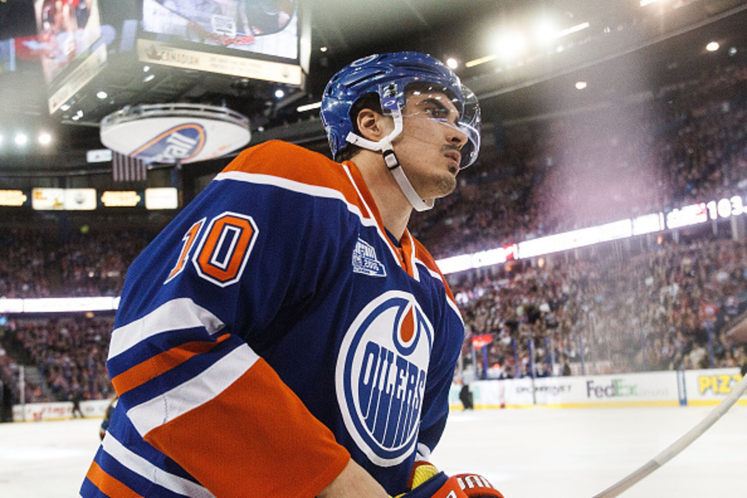 EDMONTON, AB - APRIL 2:  Nail Yakupov #10 of the Edmonton Oilers skates against the Calgary Flames on April 2, 2016 at Rexall Place in Edmonton, Alberta, Canada. (Photo by Codie McLachlan/Getty Images)