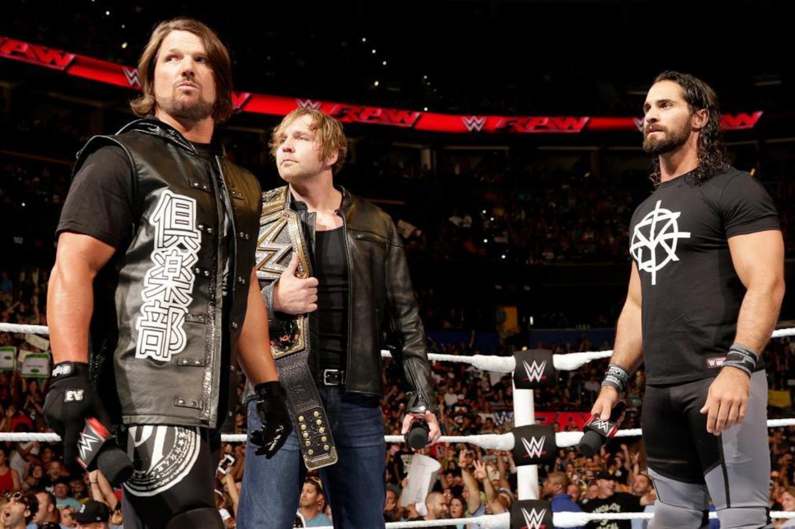 AJ Styles, Dean Ambrose and Seth Rollins wait for John Cena to arrive in a heated discussion about the WWE Championship.
