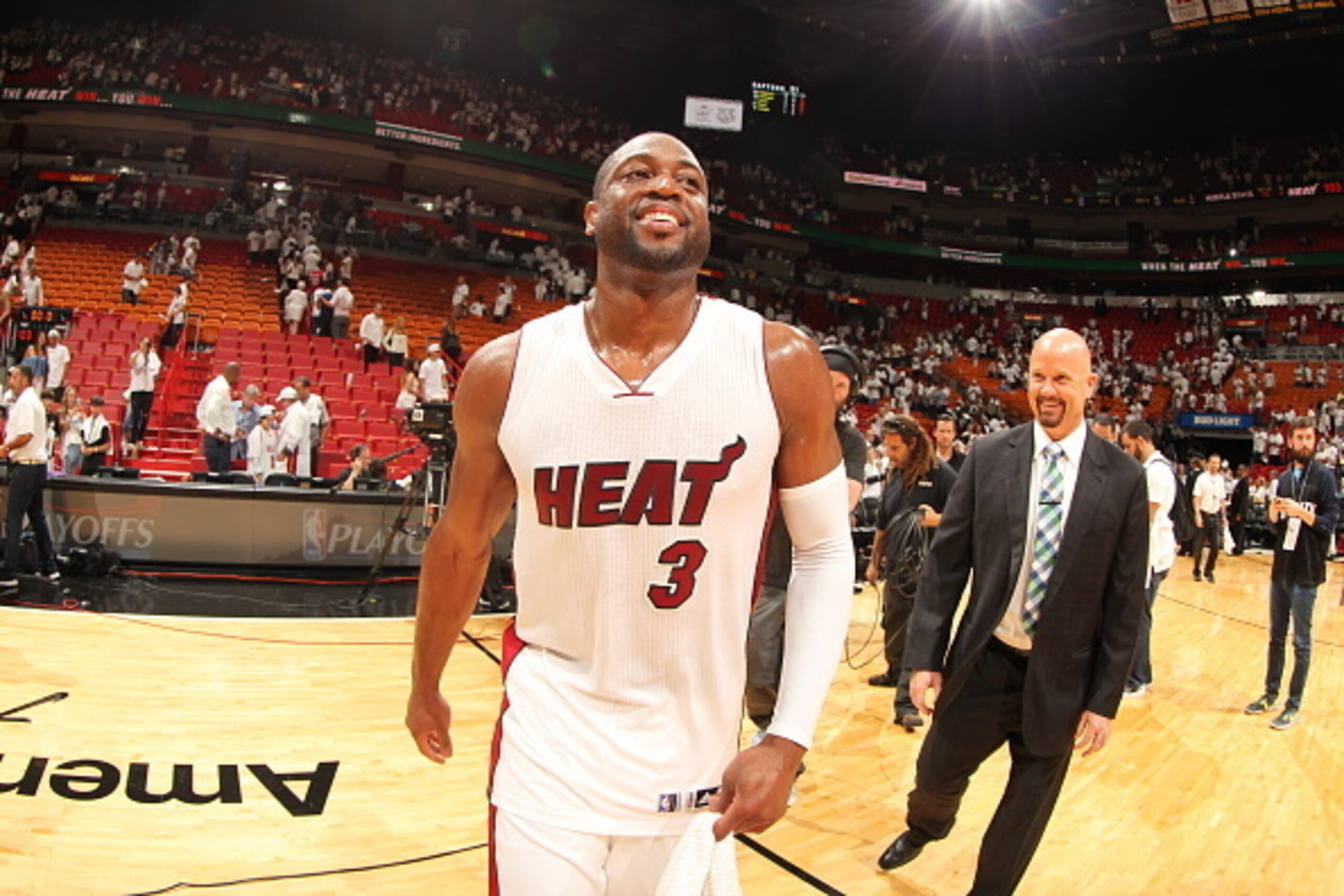 MIAMI, FL - MAY 13:  Dwyane Wade #3 of the Miami Heat smiles after Game Six of the Eastern Conference Semifinals against the Toronto Raptors during the 2016 NBA Playoffs on May 13, 2016 at AmericanAirlines Arena in Miami, Florida. NOTE TO USER: User expre