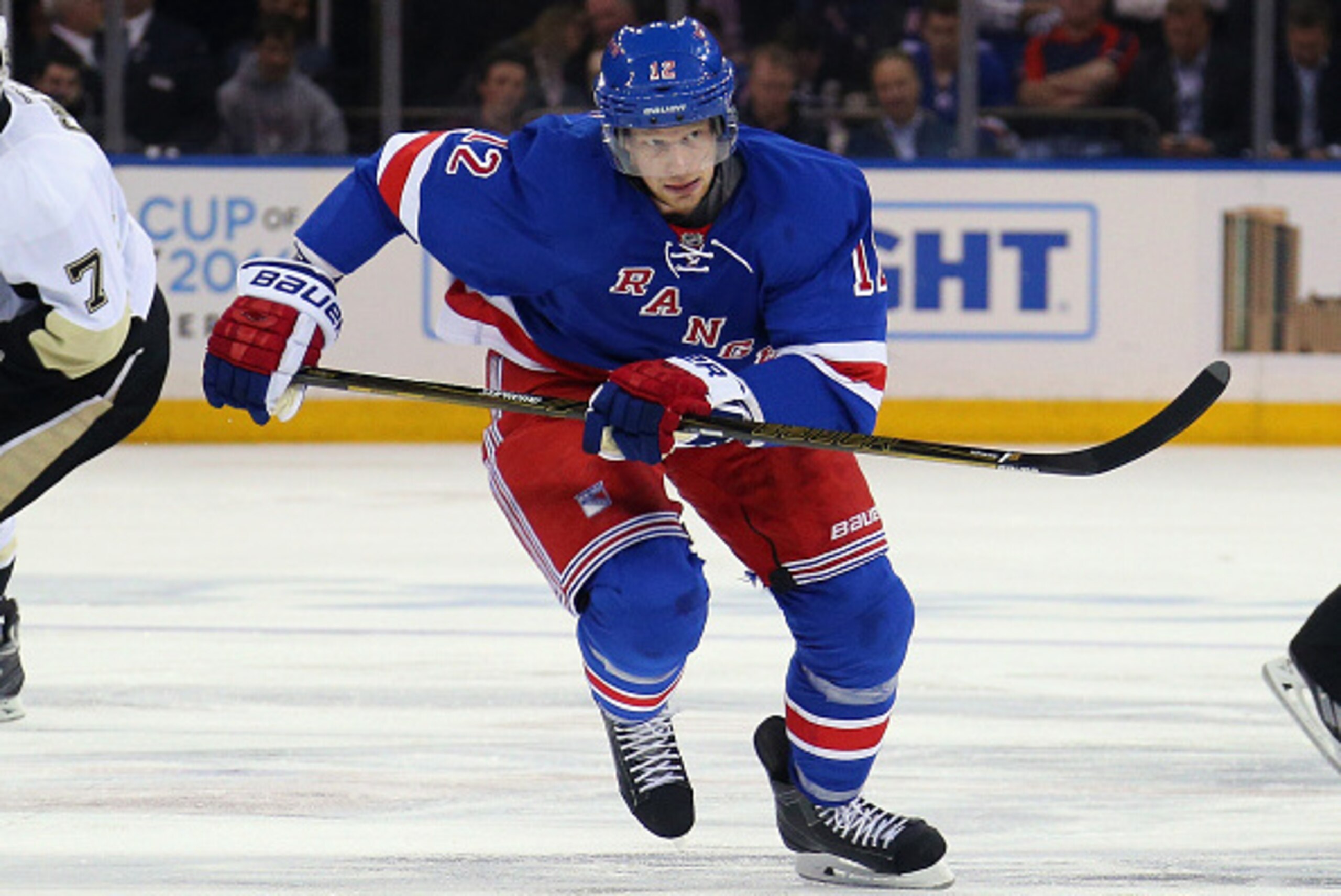 NEW YORK, NY - APRIL 21:  Eric Staal #12 of the New York Rangers skates against the Pittsburgh Penguins in Game Four of the Eastern Conference First Round during the 2016 NHL Stanley Cup Playoffs at Madison Square Garden on April 21, 2016 in New York City