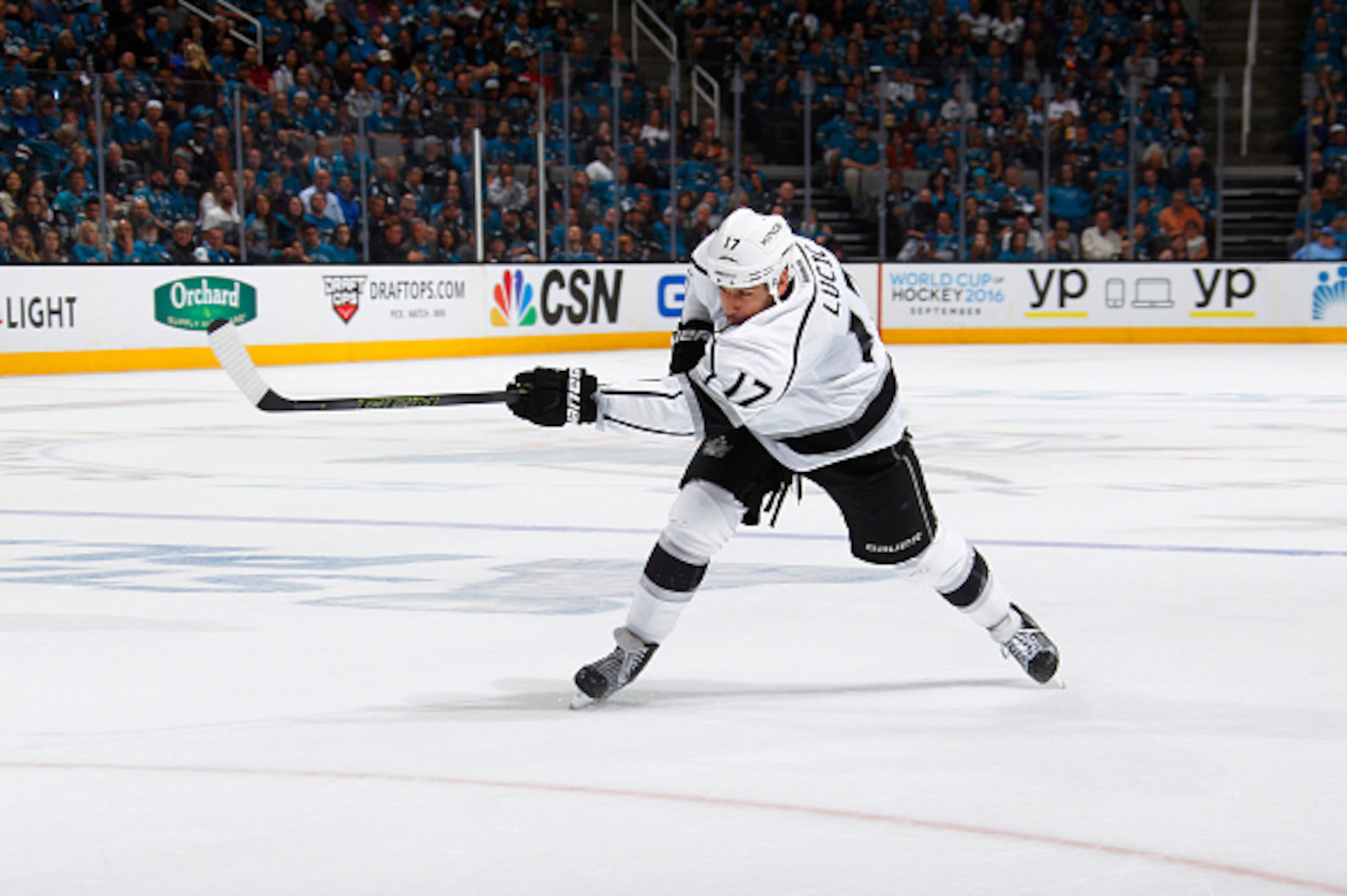 SAN JOSE, CA - APRIL 18: Milan Lucic #17 of the Los Angeles Kings shoots the puck against the San Jose Sharks in Game Three of the Western Conference First Round during the 2016 NHL Stanley Cup Playoffs at SAP Center on April 18, 2016 in San Jose, Califor