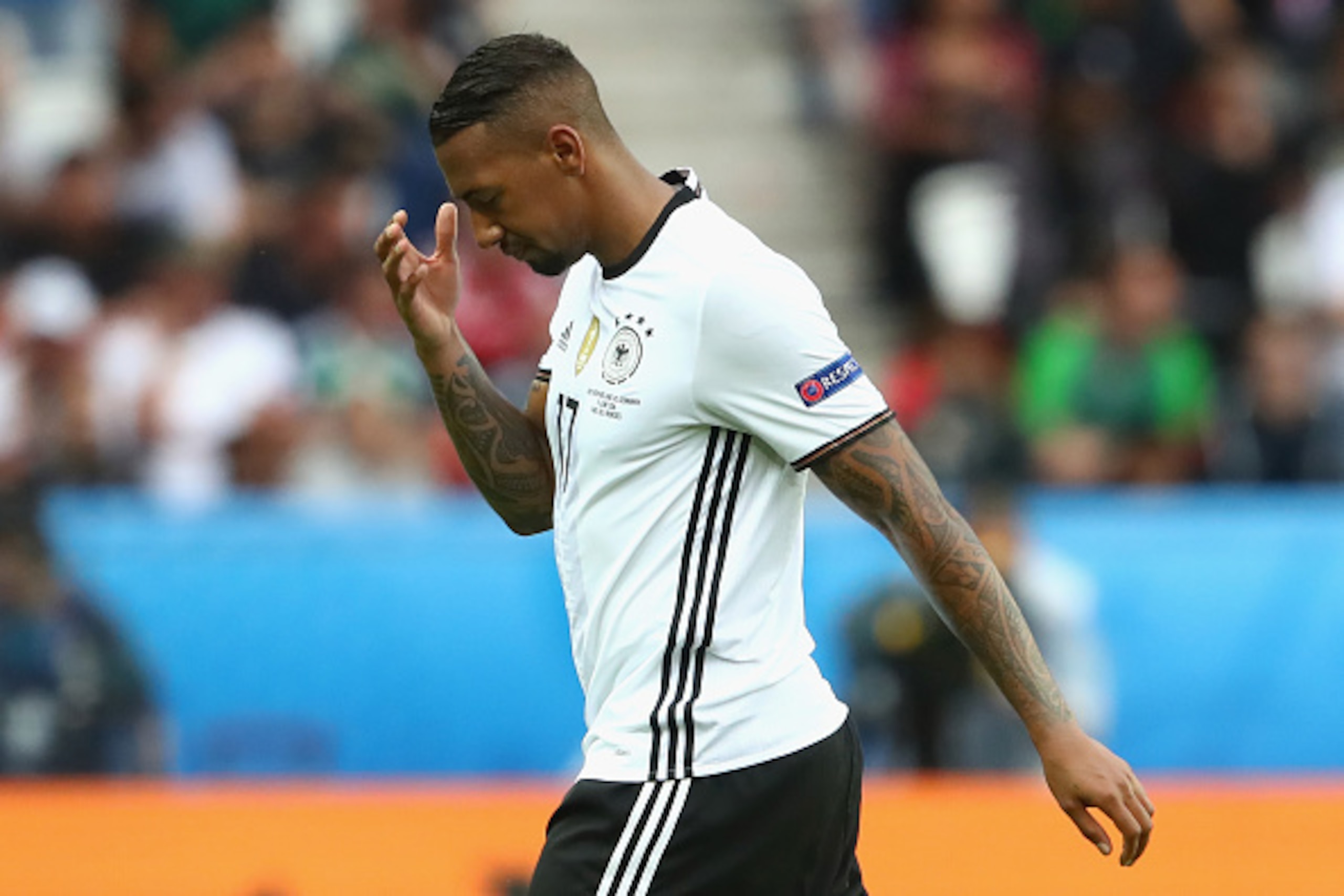 PARIS, FRANCE - JUNE 21:  Jerome Boateng of Germany walks off the pitch after being substituted during the UEFA EURO 2016 Group C match between Northern Ireland and Germany at Parc des Princes on June 21, 2016 in Paris, France.  (Photo by Alexander Hassen