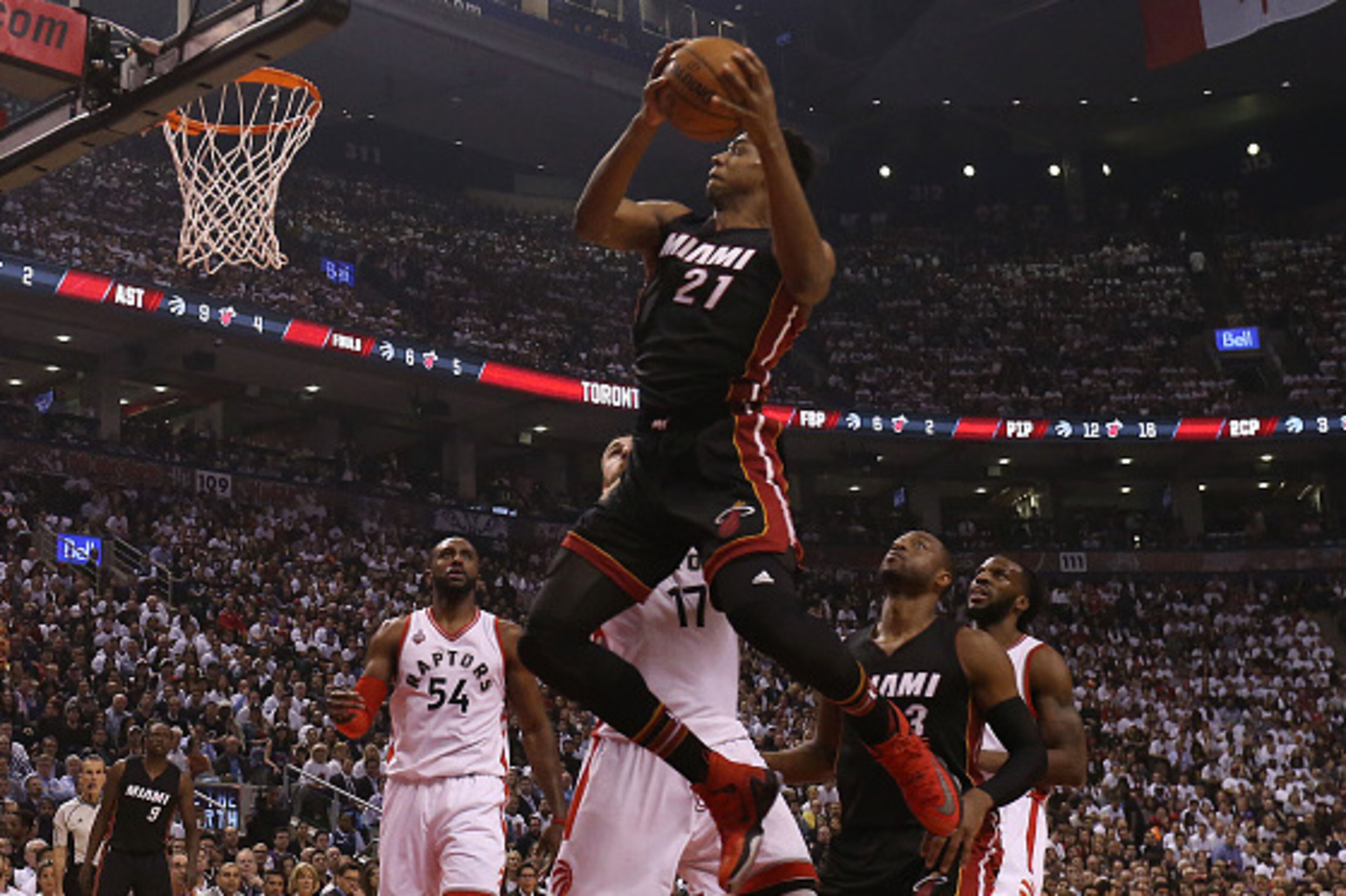 TORONTO, CANADA - MAY 5, 2016:  Hassan Whiteside #21 of the Miami Heat drives to the basket against the Toronto Raptors during Game Two of the Eastern Conference Semi Finals at Air Canada Centre on May 5, 2016 in Toronto, Ontario, Canada. NOTE TO USER: Us