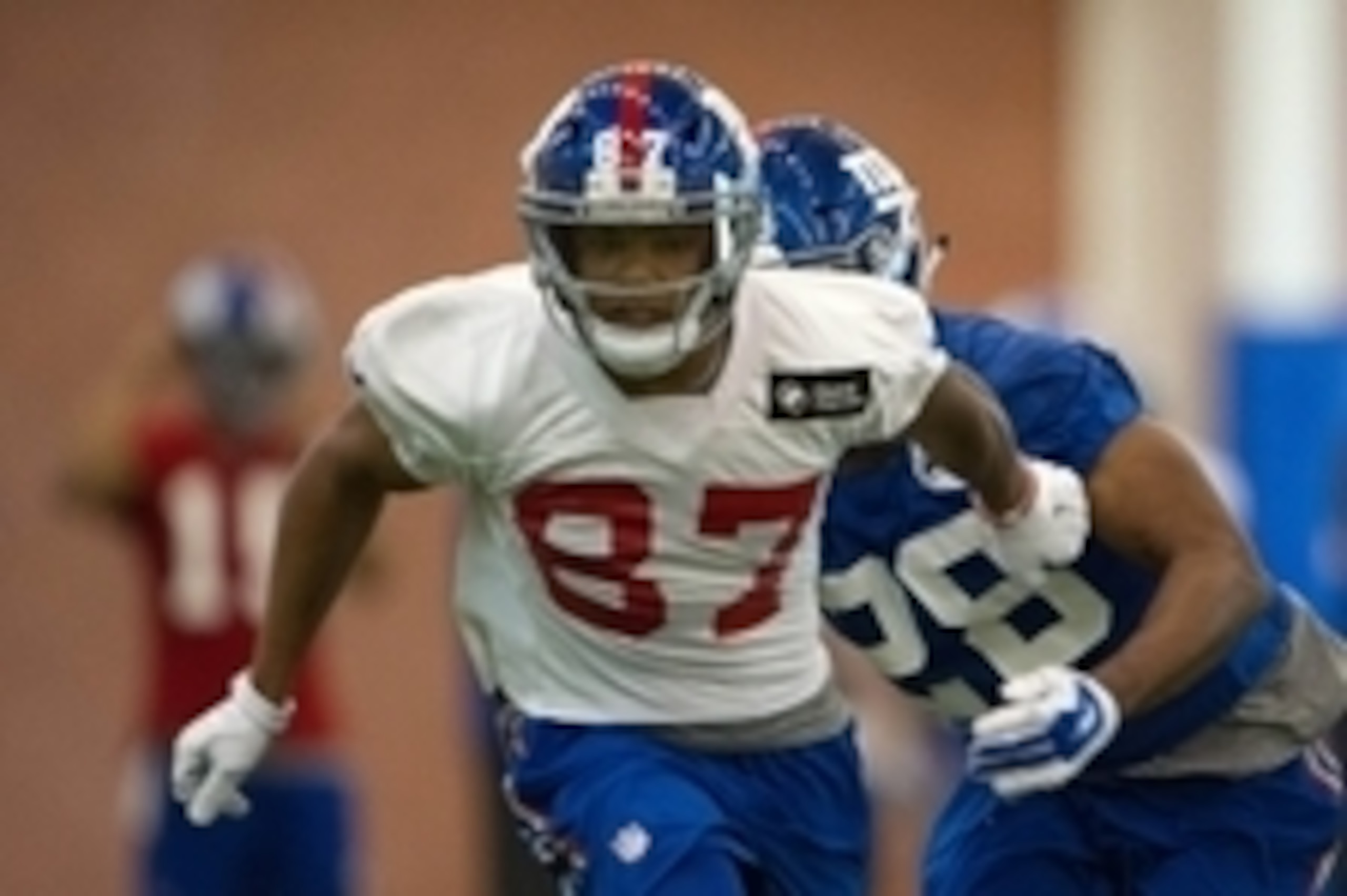 May 6, 2016; East Rutherford, NJ, USA;  New York Giants wide receiver Sterling Shepard (87) during rookie minicamp at Quest Diagnostics Training Center. Mandatory Credit: William Hauser-USA TODAY Sports