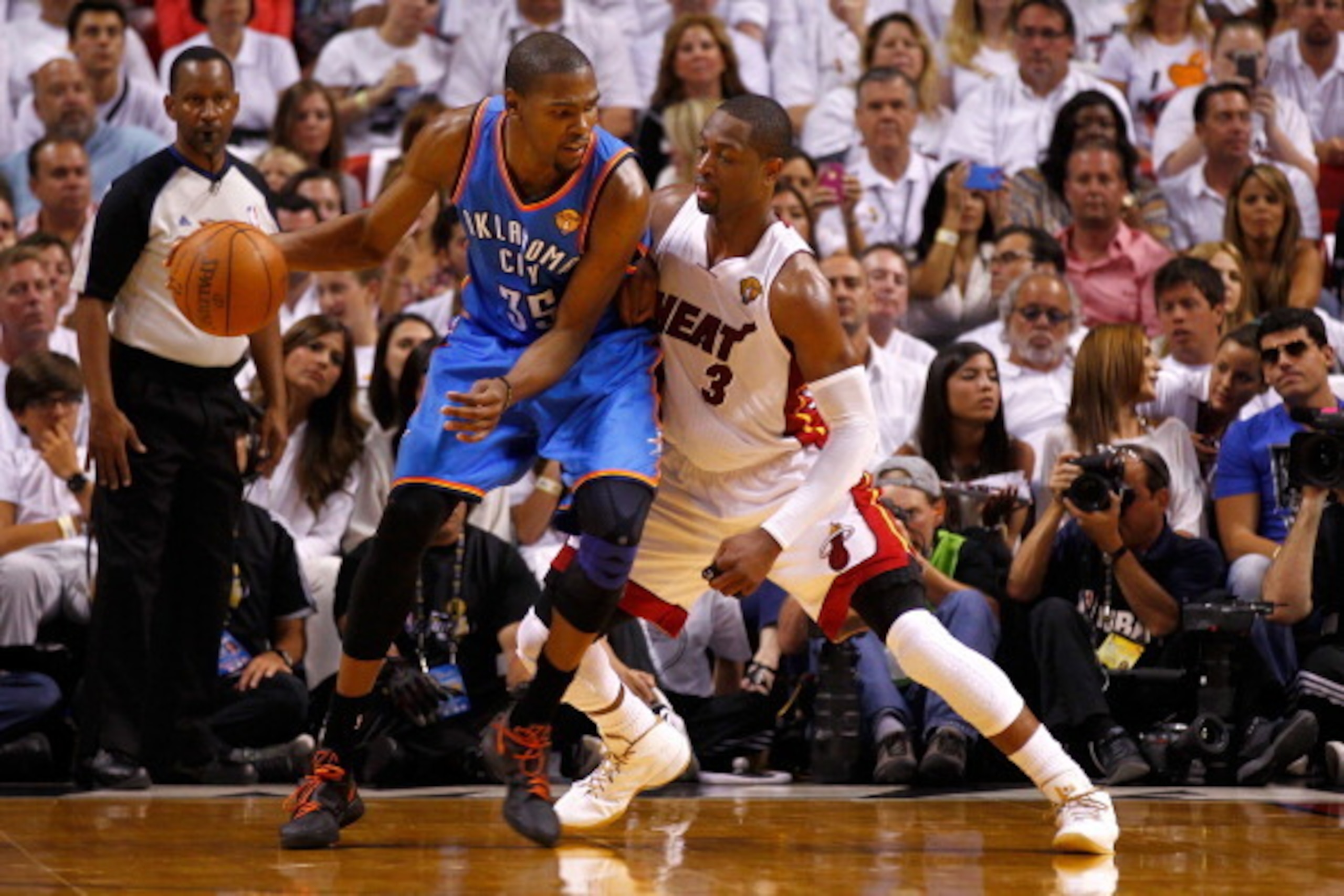 MIAMI, FL - JUNE 17:  Kevin Durant #35 of the Oklahoma City Thunder posts up in the first half against Dwyane Wade #3 of the Miami Heat in Game Three of the 2012 NBA Finals on June 17, 2012 at American Airlines Arena in Miami, Florida.  NOTE TO USER: User