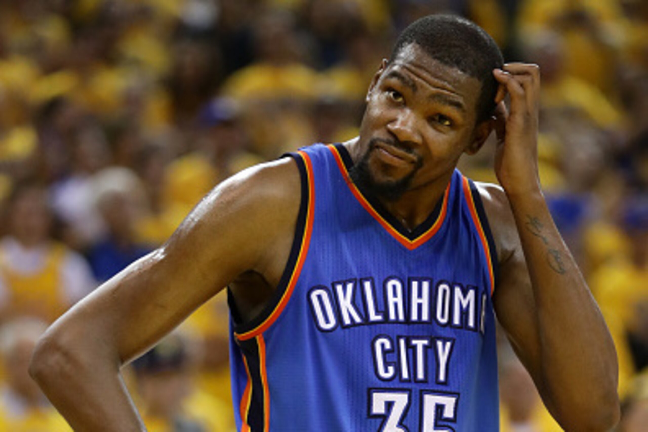 OAKLAND, CA - MAY 30:  Kevin Durant #35 of the Oklahoma City Thunder stands on the court in Game Seven of the Western Conference Finals against the Golden State Warriors during the 2016 NBA Playoffs at ORACLE Arena on May 30, 2016 in Oakland, California. 