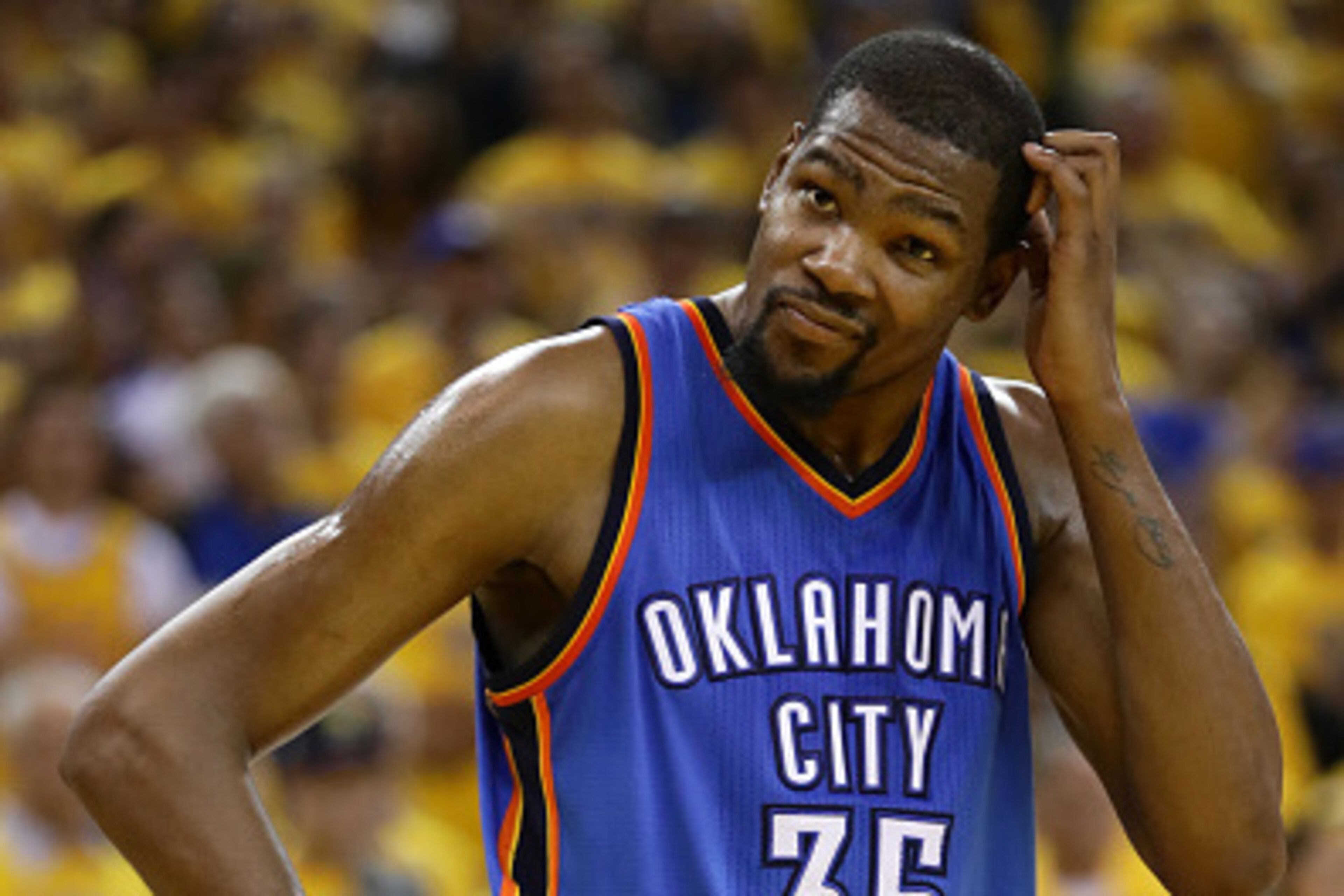 OAKLAND, CA - MAY 30:  Kevin Durant #35 of the Oklahoma City Thunder stands on the court in Game Seven of the Western Conference Finals against the Golden State Warriors during the 2016 NBA Playoffs at ORACLE Arena on May 30, 2016 in Oakland, California. 