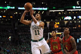 Apr 24, 2016; Boston, MA, USA; Boston Celtics guard Evan Turner (11) shoots the ball during the first half in game four of the first round of the NBA Playoffs against the Atlanta Hawks at TD Garden. Mandatory Credit: Bob DeChiara-USA TODAY Sports