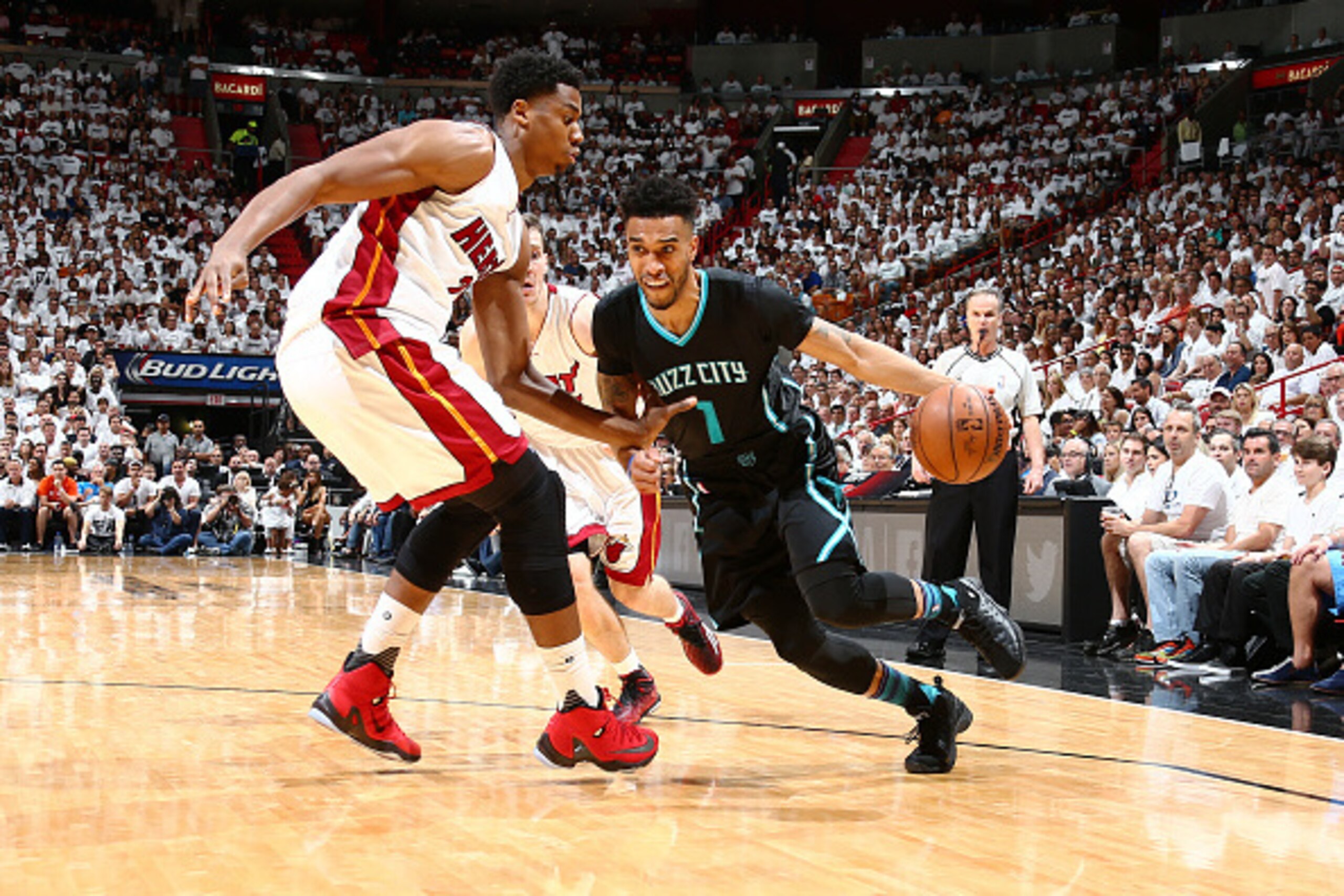 MIAMI, FL - MAY 1:  Courtney Lee #1 of the Charlotte Hornets handles the ball against the Miami Heat in Game Seven of the Eastern Conference Quarterfinals during the 2016 NBA Playoffs on May 1, 2016 at American Airlines Arena in Miami, Florida. NOTE TO US