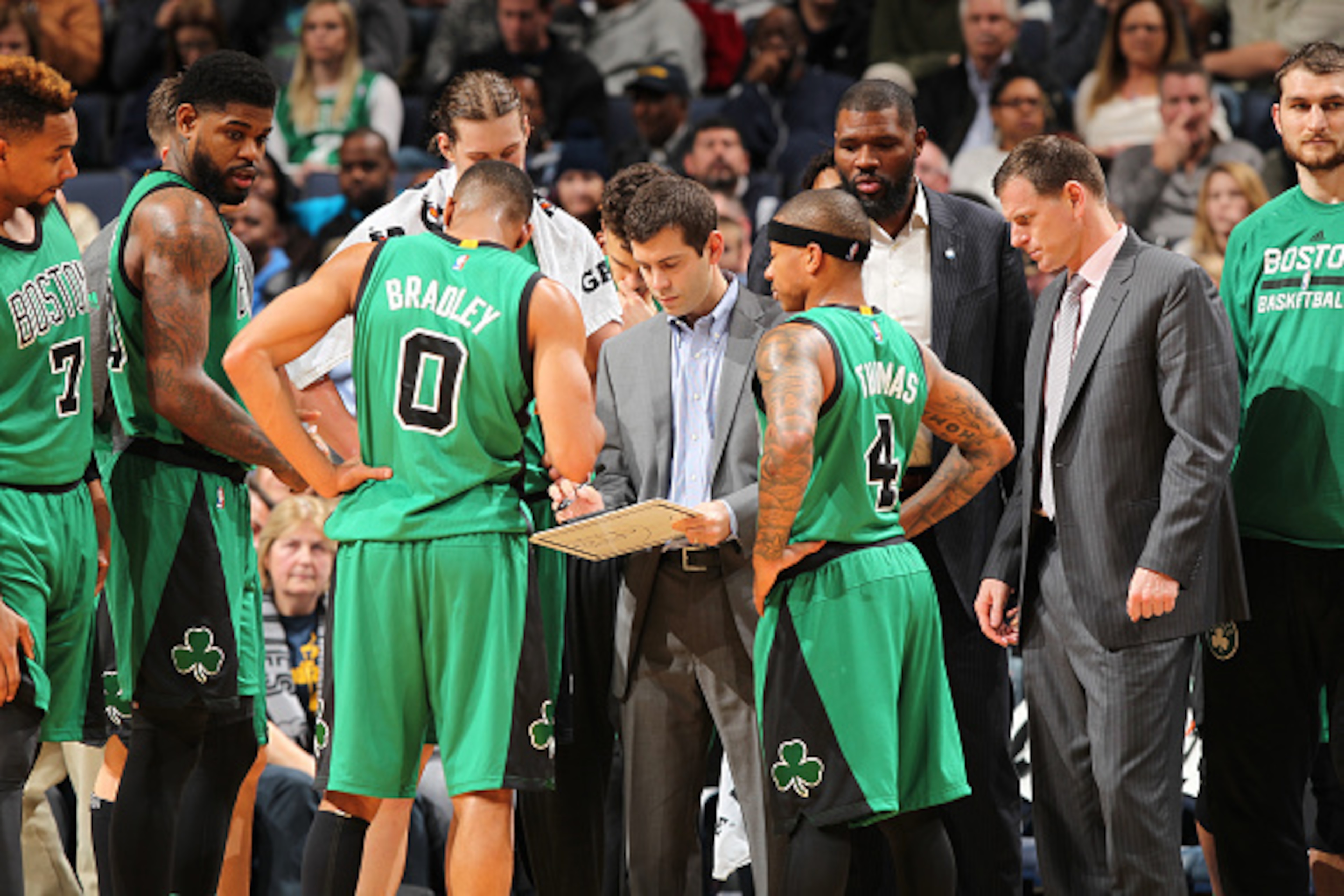 MEMPHIS, TN - JANUARY 10:  Head coach Brad Stevens of the Boston Celtics draws up a play during the game against the Memphis Grizzlies on January 10, 2016 at FedExForum in Memphis, Tennessee. NOTE TO USER: User expressly acknowledges and agrees that, by d