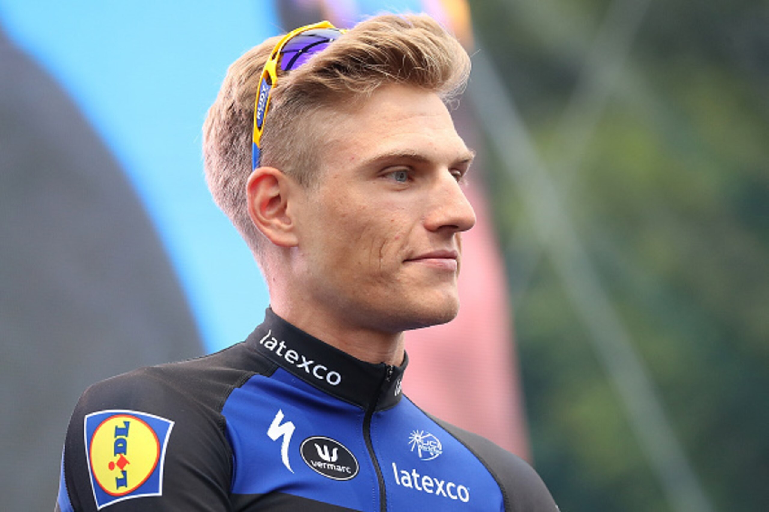 SAINTE-MERE-EGLISE, FRANCE - JUNE 30:  Marcel Kittel of Germany, riding for Etixx-Quick Step stands on stage during the team presentation ahead of the 2016 Le Tour de France on June 30, 2016 in Sainte-Mere-Eglise, France.  (Photo by Chris Graythen/Getty I