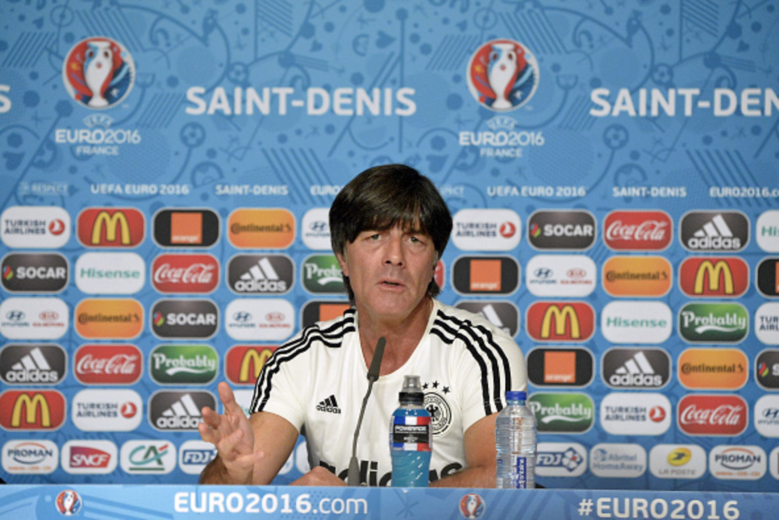 PARIS, FRANCE - JUNE 15: In this handout image provided by UEFA, Germany Coach Joachim Low addresses the media during a Germany press conference on June 15, 2016 in Paris, France. (Photo by Handout/UEFA via Getty Images) PARIS, FRANCE - JUNE 15: In this handout image provided by UEFA, Germany Coach Joachim Low addresses the media during a Germany press conference on June 15, 2016 in Paris, France. (Photo by Handout/UEFA via Getty Images)