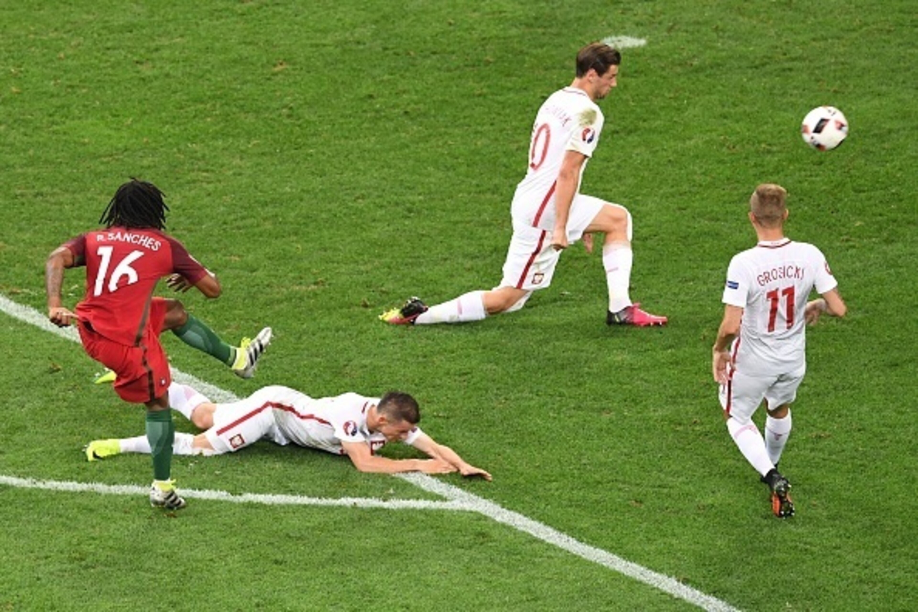 Portugal's midfielder Renato Sanches (L) kicks the ball and scores during the Euro 2016 quarter-final football match between Poland and Portugal at the Stade Velodrome in Marseille on June 30, 2016. / AFP / BORIS HORVAT        (Photo credit should read BO