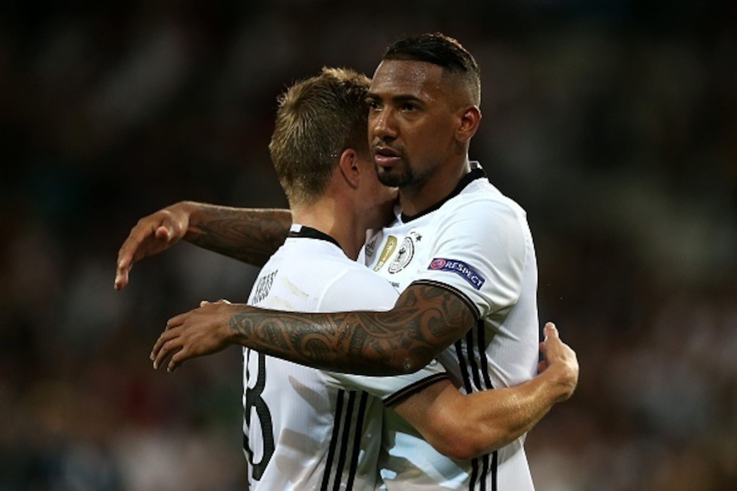 LILLE, FRANCE - JUNE 12: Jerome Boateng of Germany celebrates at full-time with Toni Kroos following the UEFA Euro 2016 Group C match between Germany and Ukraine at Stade Pierre-Mauroy on June 12, 2016 in Lille, France. (Photo by Chris Brunskill Ltd/Getty
