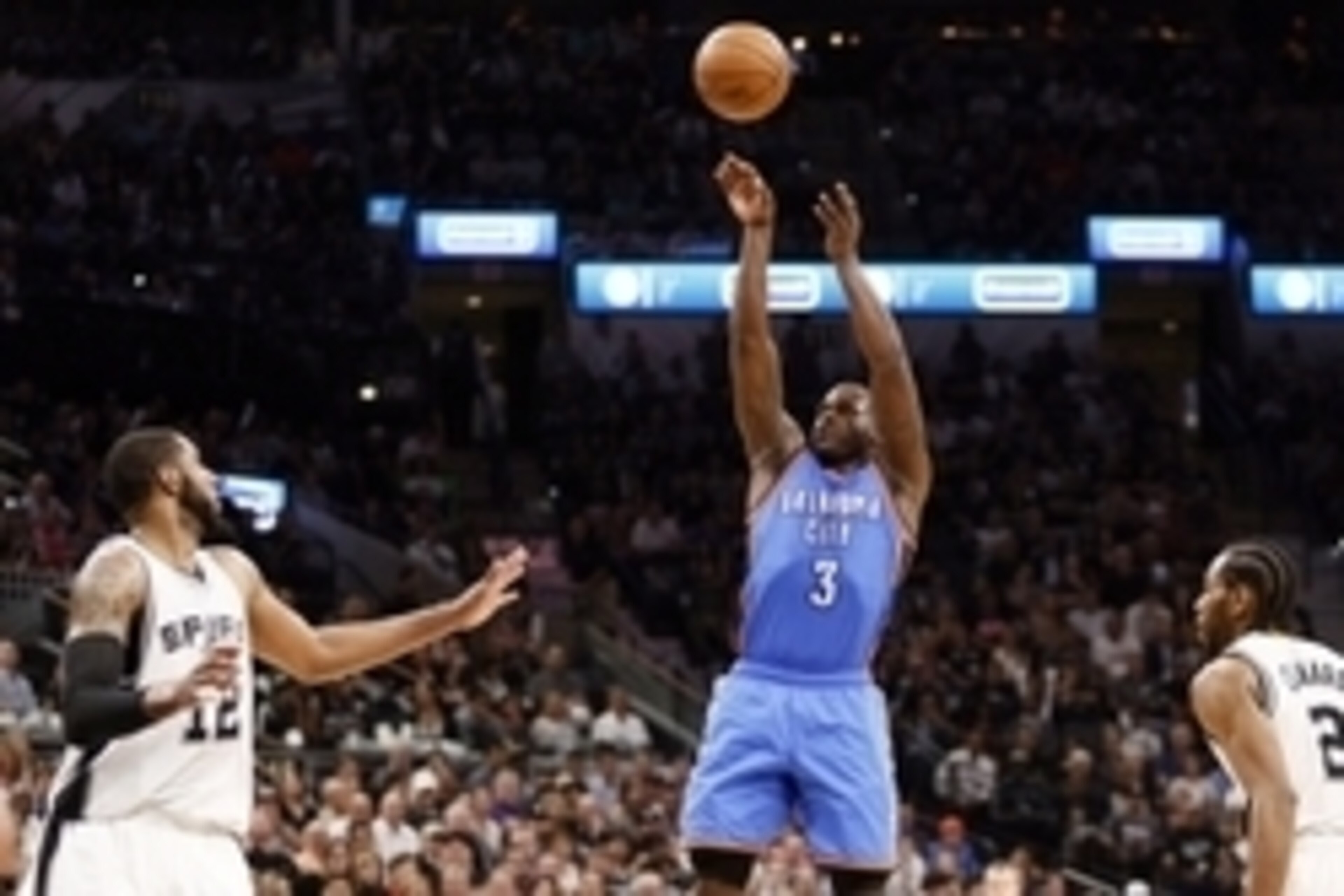 May 10, 2016; San Antonio, TX, USA; Oklahoma City Thunder shooting guard Dion Waiters (3) shoots the ball over San Antonio Spurs power forward LaMarcus Aldridge (12) in game five of the second round of the NBA Playoffs at AT&T Center. Mandatory Credit: So May 10, 2016; San Antonio, TX, USA; Oklahoma City Thunder shooting guard Dion Waiters (3) shoots the ball over San Antonio Spurs power forward LaMarcus Aldridge (12) in game five of the second round of the NBA Playoffs at AT&T Center. Mandatory Credit: So