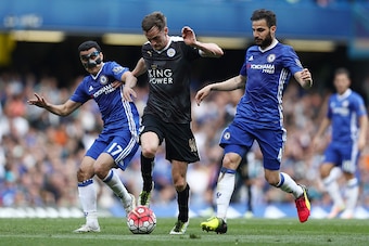 LONDON, ENGLAND - MAY 15: Pedro Rodriguez of Chelsea, Andy King of Leicester City and Cesc Fabregas of Chelsea battle for the ball during the Barclays Premier League match between Chelsea and Leicester City at Stamford Bridge on May 15, 2016 in London, En LONDON, ENGLAND - MAY 15: Pedro Rodriguez of Chelsea, Andy King of Leicester City and Cesc Fabregas of Chelsea battle for the ball during the Barclays Premier League match between Chelsea and Leicester City at Stamford Bridge on May 15, 2016 in London, En
