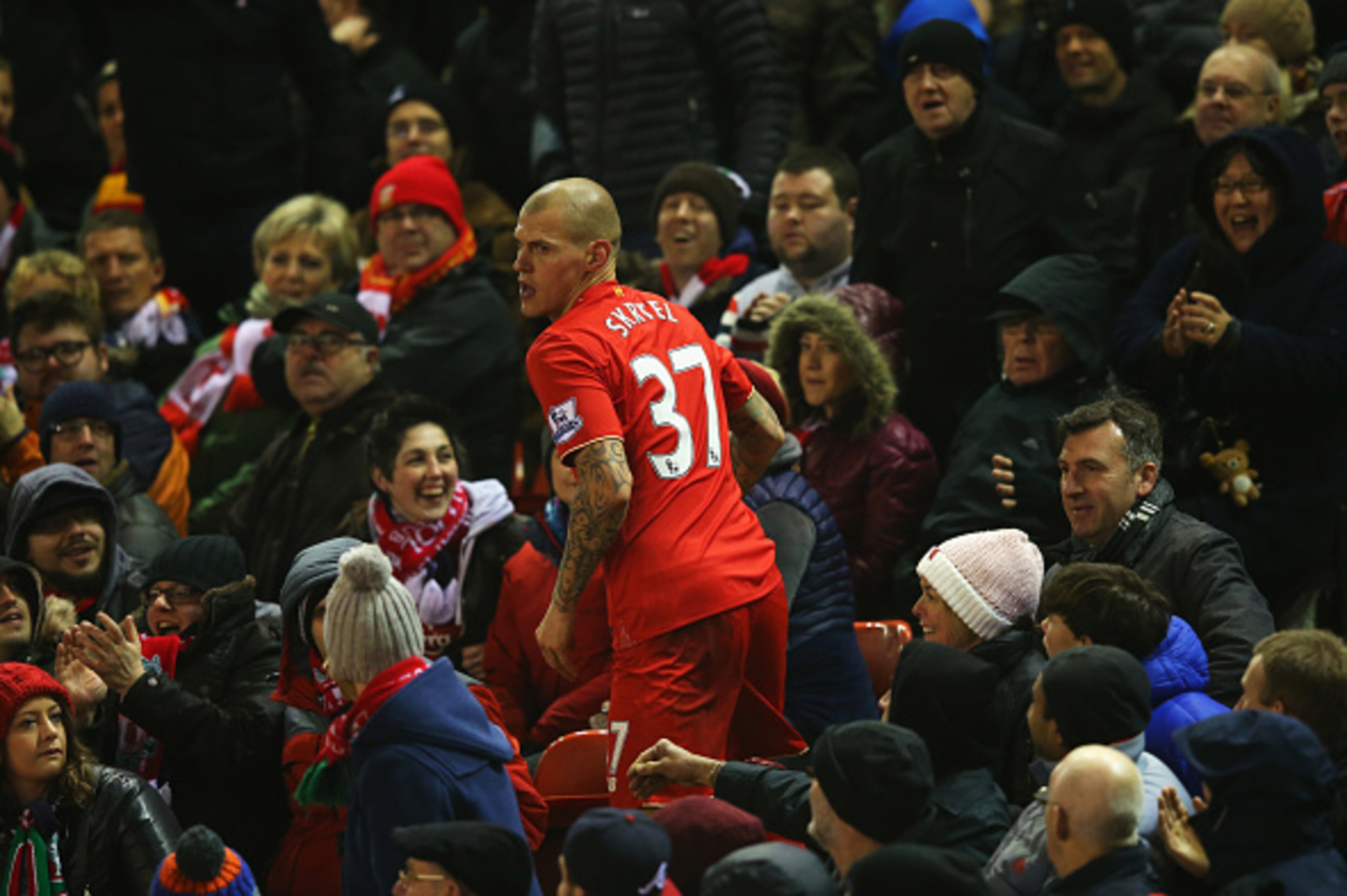 LIVERPOOL, ENGLAND - DECEMBER 13:  Martin Skrtel of Liverpool looks on after being pushed into the crowdduring the Barclays Premier League match between Liverpool and West Bromwich Albion at Anfield on December 13, 2015 in Liverpool, England.  (Photo by A