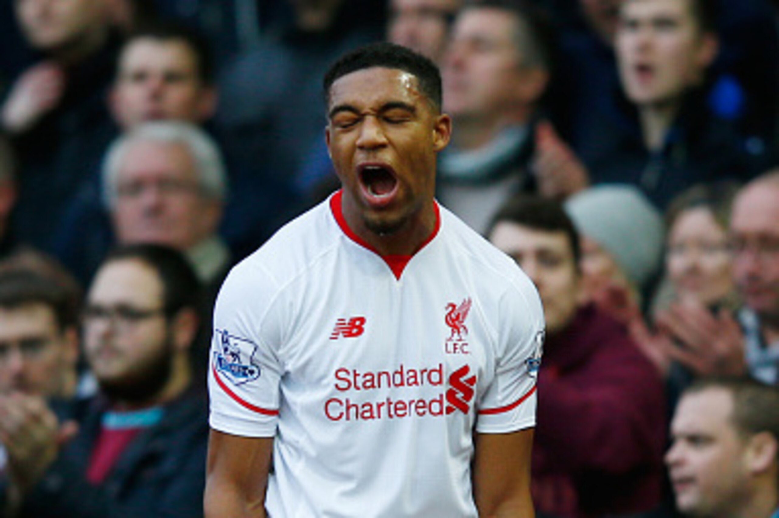 LONDON, ENGLAND - JANUARY 02: Jordon Ibe of Liverpool reacts during the Barclays Premier League match between West Ham United and Liverpool at Boleyn Ground on January 2, 2016 in London, England.  (Photo by Christopher Lee/Getty Images)