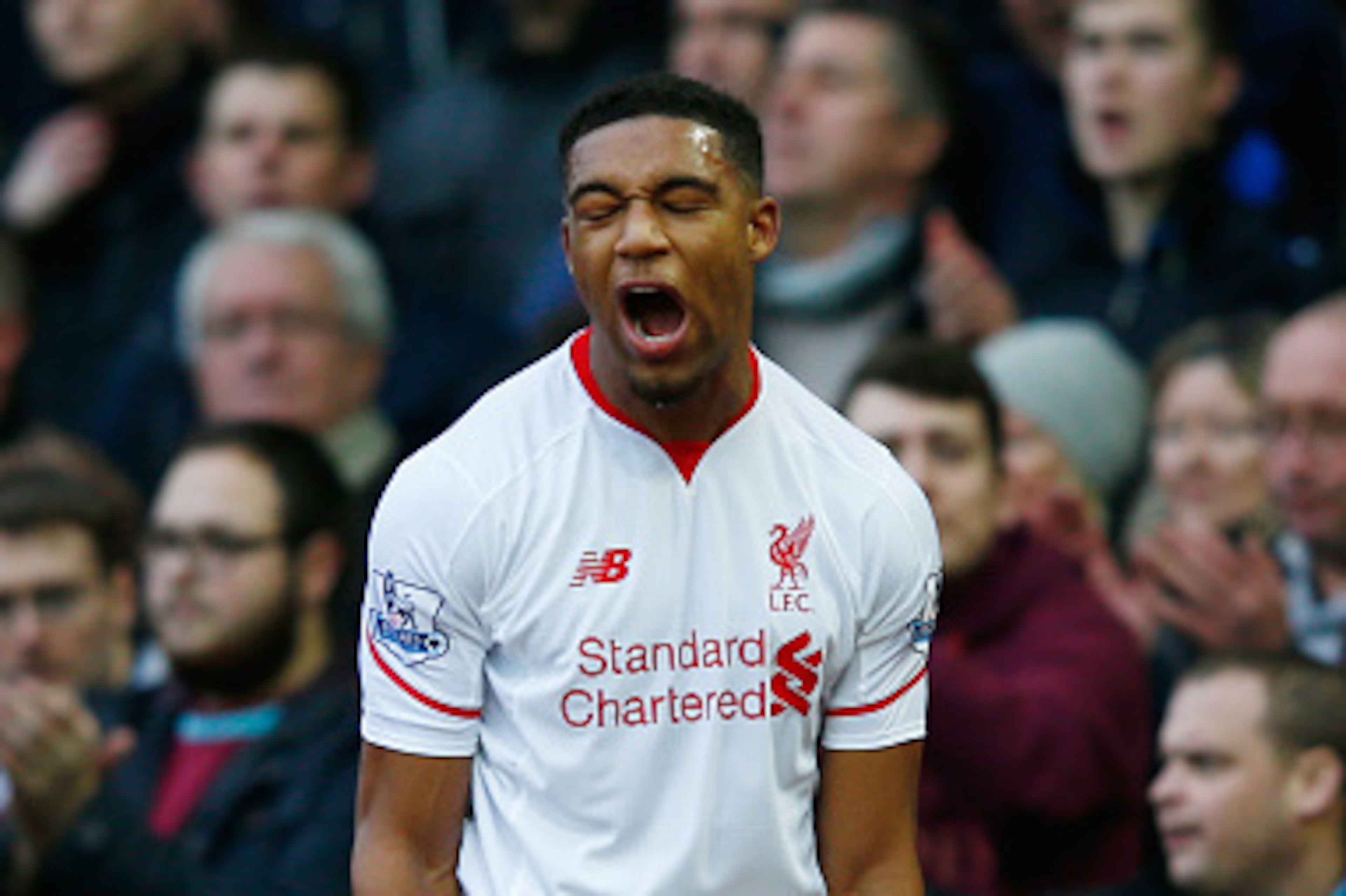 LONDON, ENGLAND - JANUARY 02: Jordon Ibe of Liverpool reacts during the Barclays Premier League match between West Ham United and Liverpool at Boleyn Ground on January 2, 2016 in London, England.  (Photo by Christopher Lee/Getty Images)