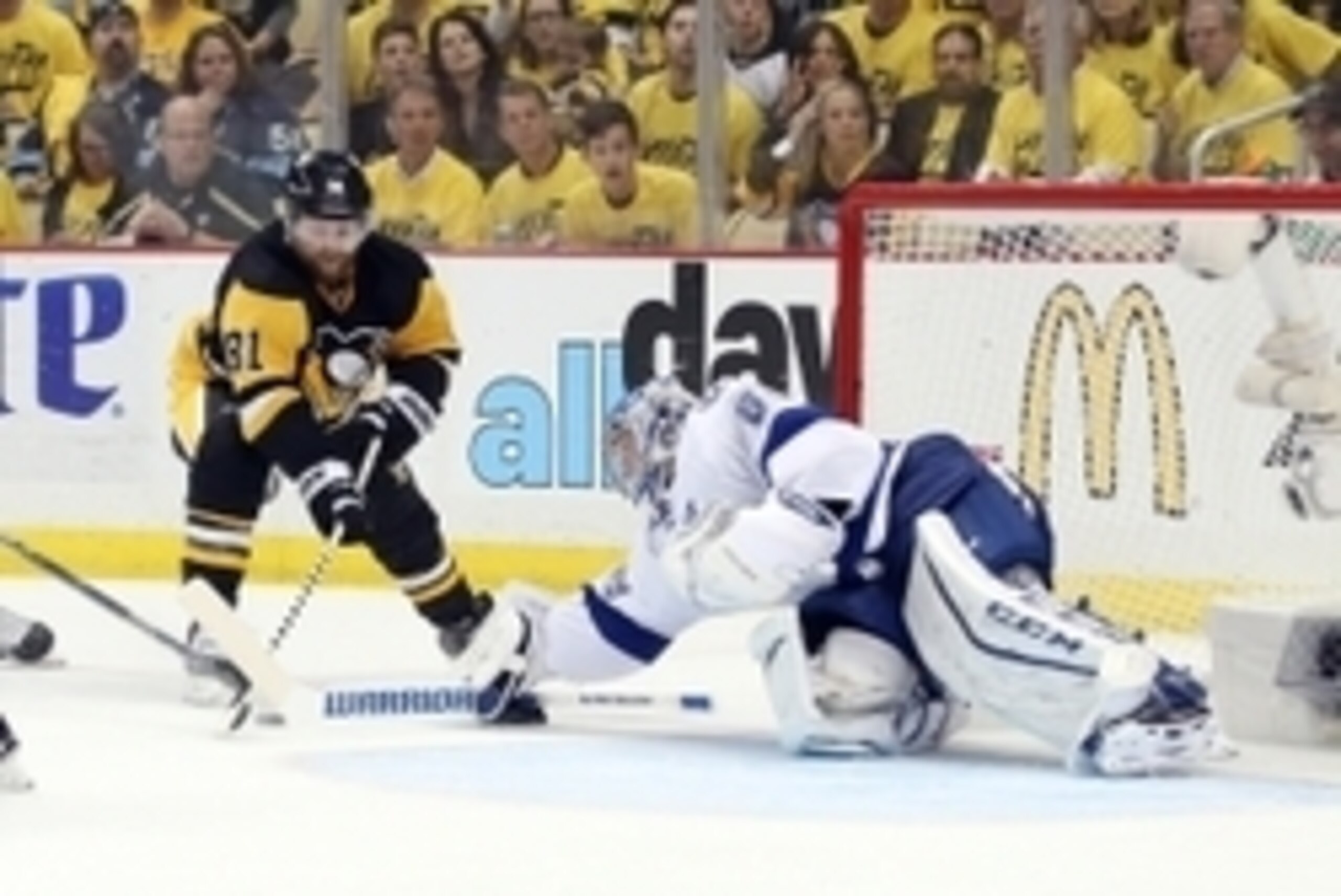 May 26, 2016; Pittsburgh, PA, USA; Tampa Bay Lightning goalie Andrei Vasilevskiy (88) makes a save against Pittsburgh Penguins right wing Phil Kessel (81) during the third period in game seven of the Eastern Conference Final of the 2016 Stanley Cup Playof