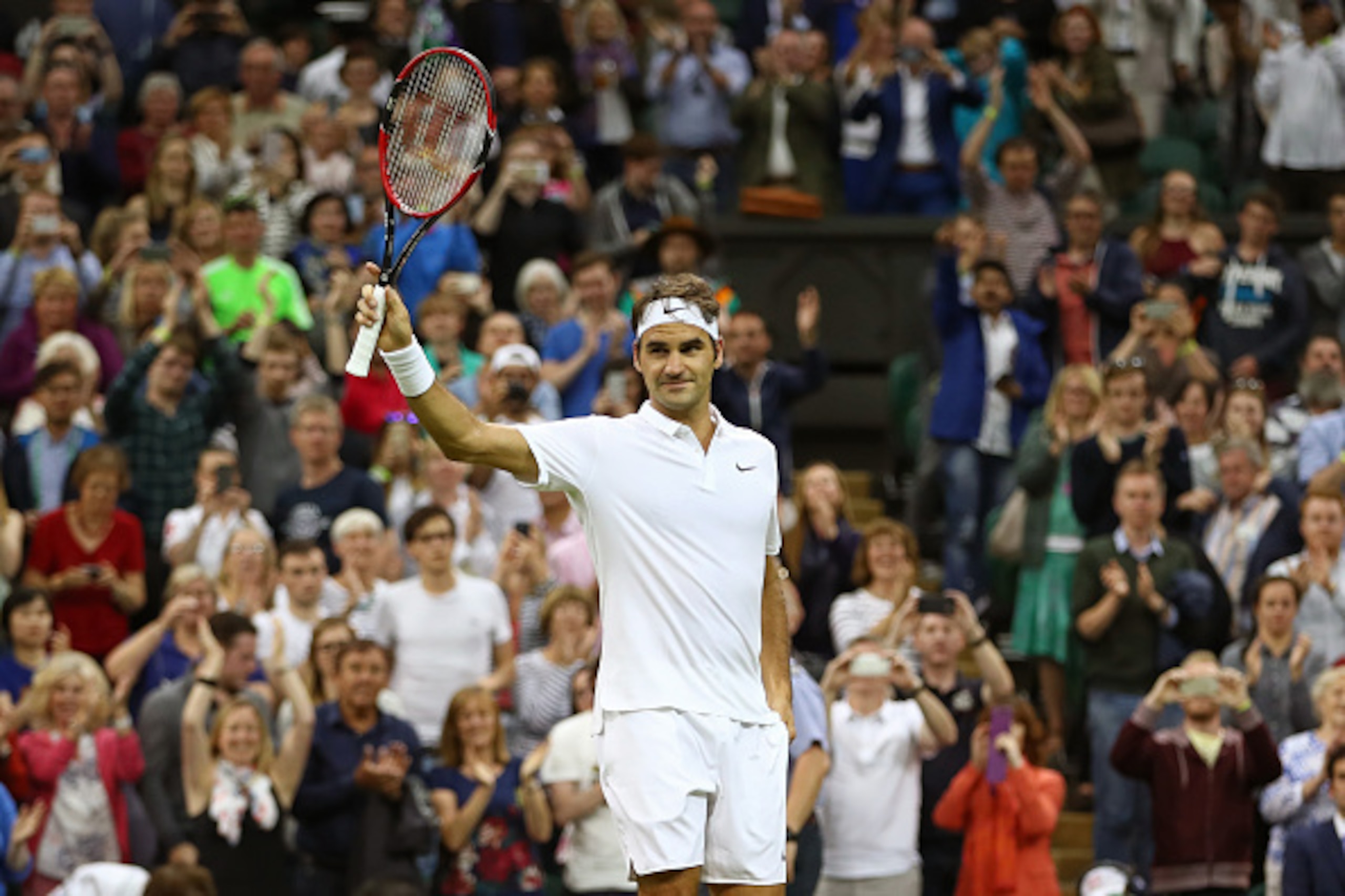 LONDON, ENGLAND - JULY 01: Roger Federer of Switzerland celebrates victory during the Men's Singles third round match against Daniel Evans of Great Britain on day five of the Wimbledon Lawn Tennis Championships at the All England Lawn Tennis and Croquet LONDON, ENGLAND - JULY 01: Roger Federer of Switzerland celebrates victory during the Men's Singles third round match against Daniel Evans of Great Britain on day five of the Wimbledon Lawn Tennis Championships at the All England Lawn Tennis and Croquet
