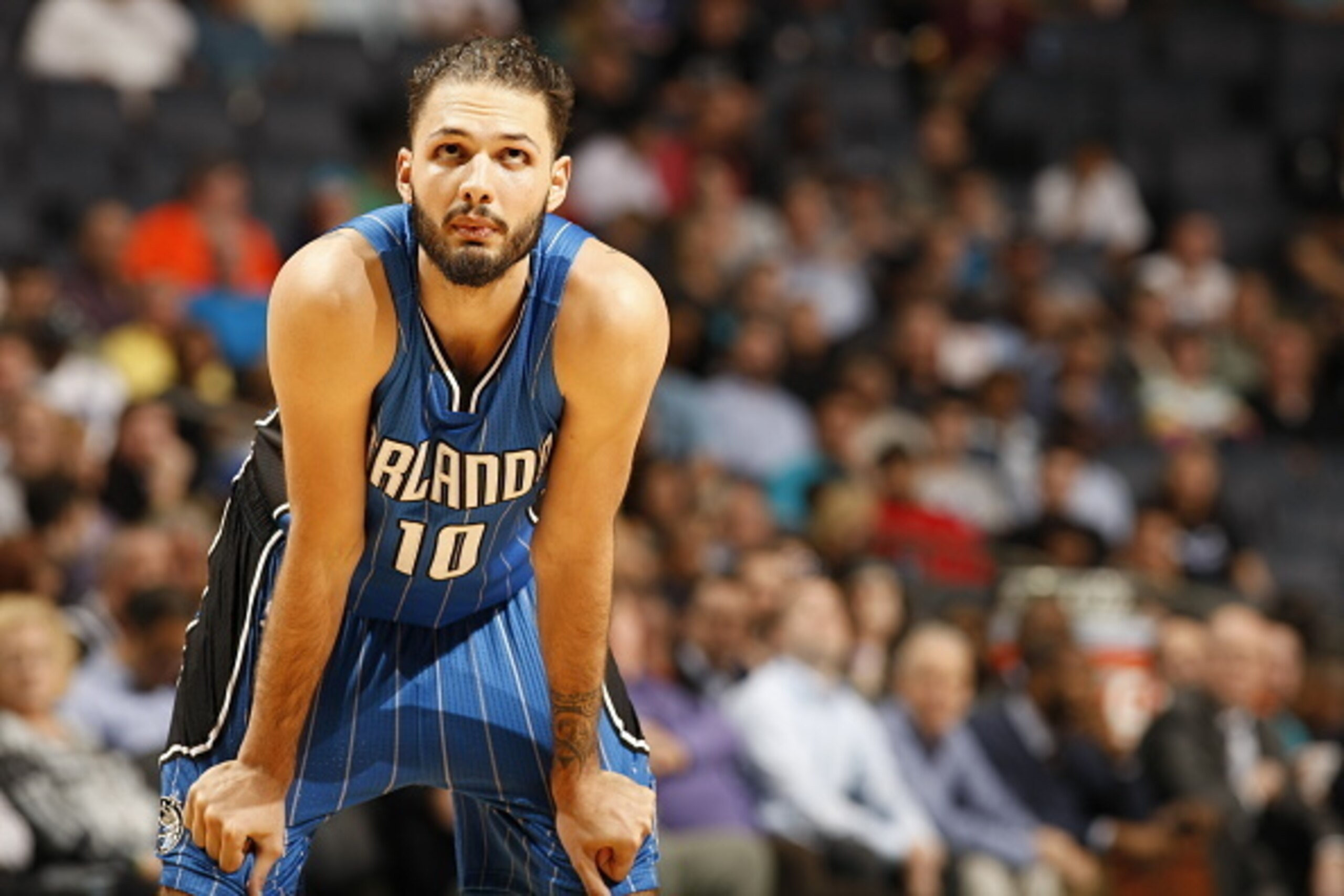 CHARLOTTE, NC  - MARCH 16: Evan Fournier #10 of the Orlando Magic during the game against the Charlotte Hornets on March 16, 2016 at Time Warner Cable Arena in Charlotte, North Carolina. NOTE TO USER: User expressly acknowledges and agrees that, by downlo