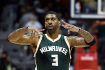 Feb 20, 2016; Atlanta, GA, USA; Milwaukee Bucks guard O.J. Mayo (3) reacts against the Atlanta Hawks during the second overtime at Philips Arena. The Bucks defeated the Hawks 117-109 in double overtime. Mandatory Credit: Dale Zanine-USA TODAY Sports