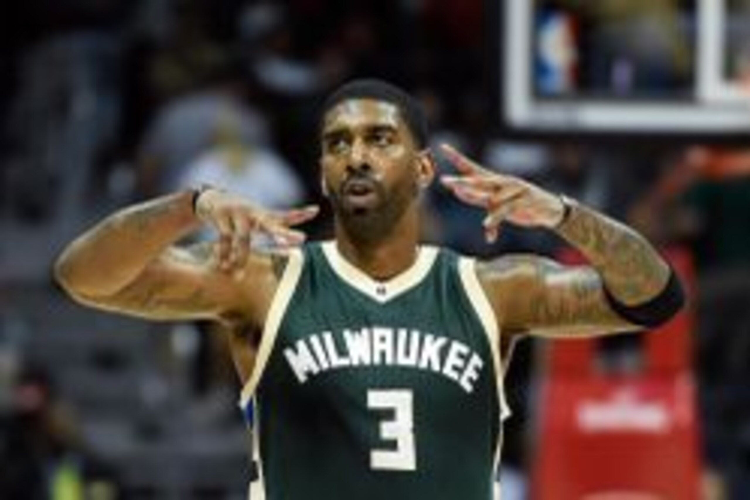 Feb 20, 2016; Atlanta, GA, USA; Milwaukee Bucks guard O.J. Mayo (3) reacts against the Atlanta Hawks during the second overtime at Philips Arena. The Bucks defeated the Hawks 117-109 in double overtime. Mandatory Credit: Dale Zanine-USA TODAY Sports