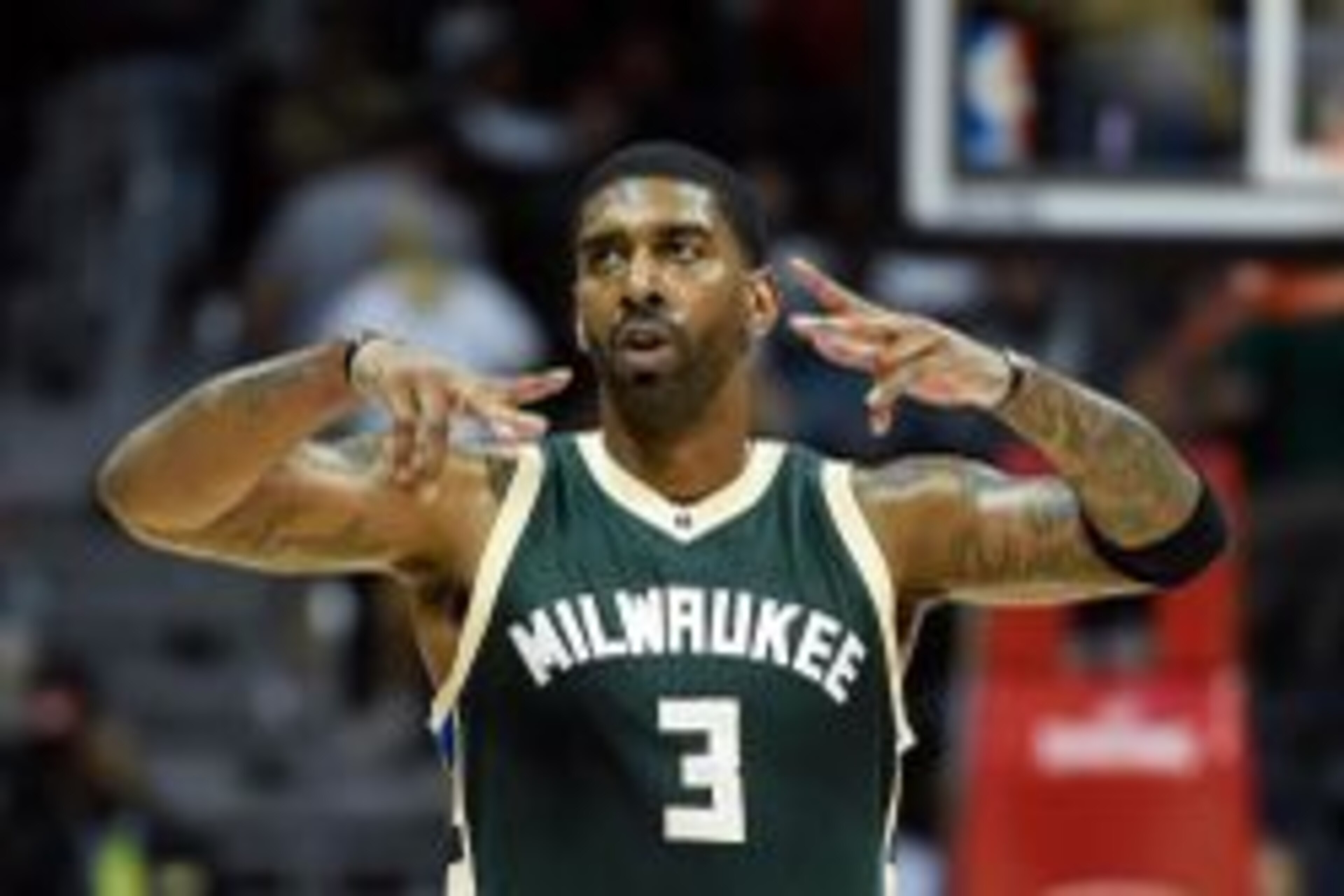 Feb 20, 2016; Atlanta, GA, USA; Milwaukee Bucks guard O.J. Mayo (3) reacts against the Atlanta Hawks during the second overtime at Philips Arena. The Bucks defeated the Hawks 117-109 in double overtime. Mandatory Credit: Dale Zanine-USA TODAY Sports