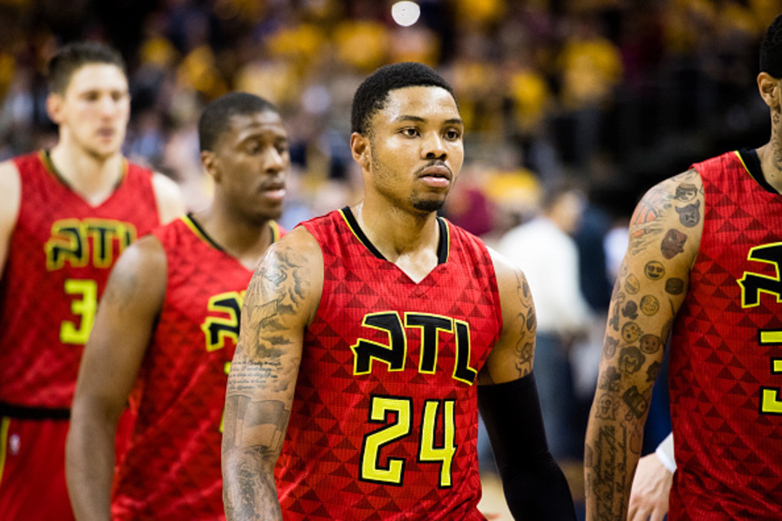 CLEVELAND, OH - MAY 2: Kent Bazemore #24 of the Atlanta Hawks walks off the court after losing the game against the Cleveland Cavaliers in the NBA Eastern Conference semifinals at Quicken Loans Arena on May 2, 2016 in Cleveland, Ohio. The Cavaliers defeat