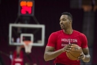 Apr 10, 2016; Houston, TX, USA; Houston Rockets center Dwight Howard (12) warms up before the game against the Los Angeles Lakers at the Toyota Center. Mandatory Credit: Jerome Miron-USA TODAY Sports