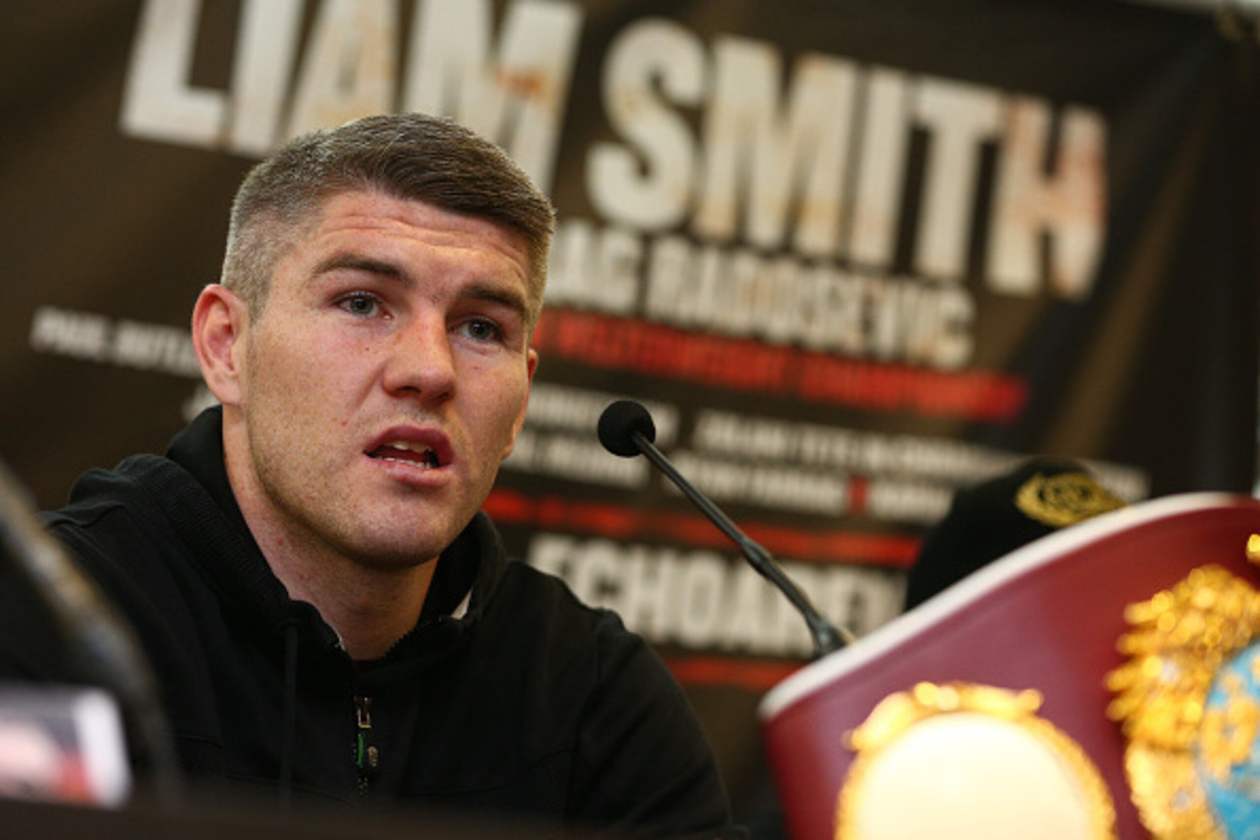 LIVERPOOL, ENGLAND - MAY 9: Liam Smith during a press conference at the Hilton Hotel in Liverpool on May 9, 2016 in Liverpool, England. Smith will defend his WBO World Super Welterweight title against Predrag Radosevic in Liverpool on June 4th. (Photo by LIVERPOOL, ENGLAND - MAY 9: Liam Smith during a press conference at the Hilton Hotel in Liverpool on May 9, 2016 in Liverpool, England. Smith will defend his WBO World Super Welterweight title against Predrag Radosevic in Liverpool on June 4th. (Photo by