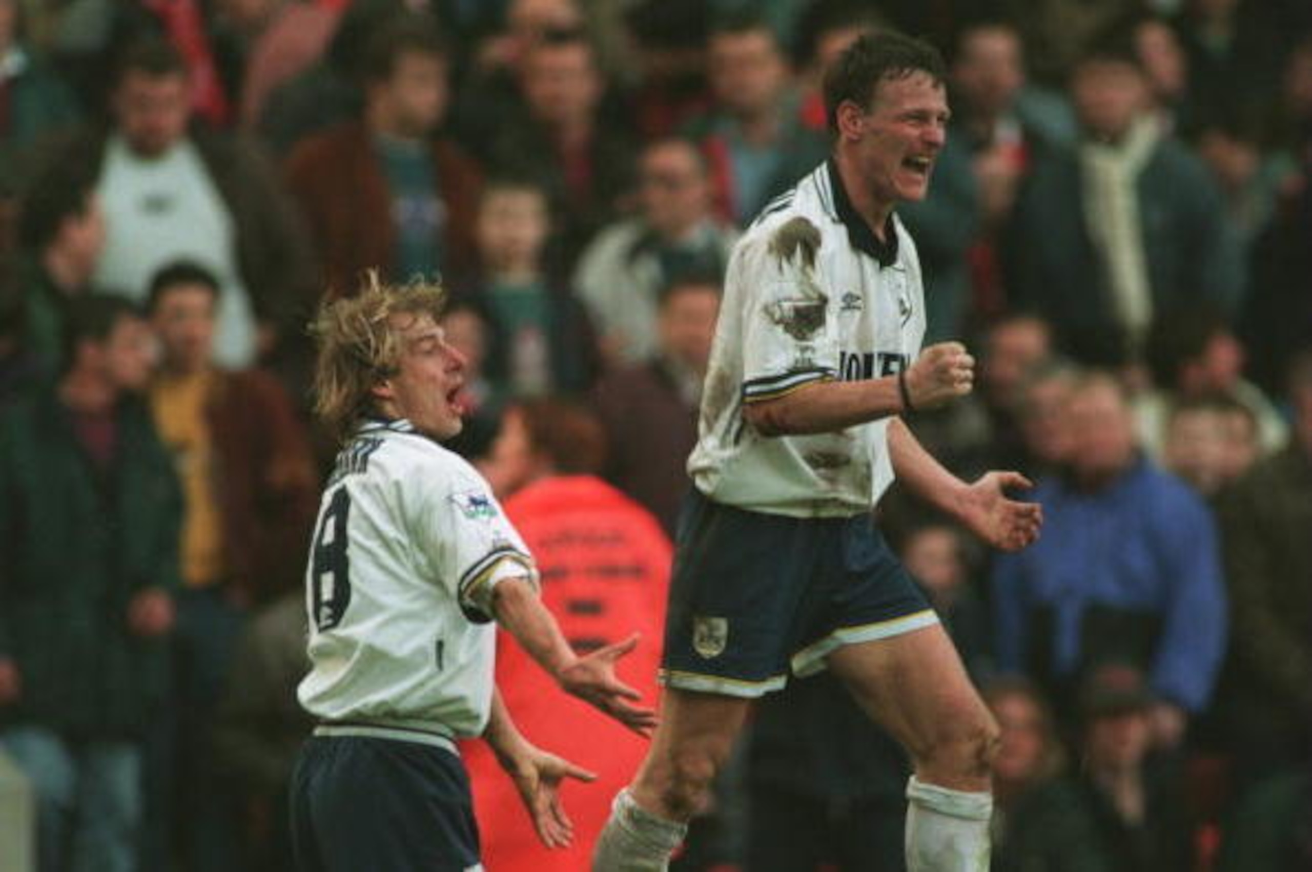 11 MAR 1995:  TEDDY SHERINGHAM OF SPURS (R) CELEBRATES  WITH TEAM MATE JURGEN KLINSMANN  AFTER KLINSMANN SCORES THE LAST MINUTE EQUALISER AGAINST LIVERPOOL IN THEIR FA CUP QUARTERFINAL MATCH AT ANFIELD, LIVERPOOL. Mandatory Credit: Clive Brunskill/ALLSPOR