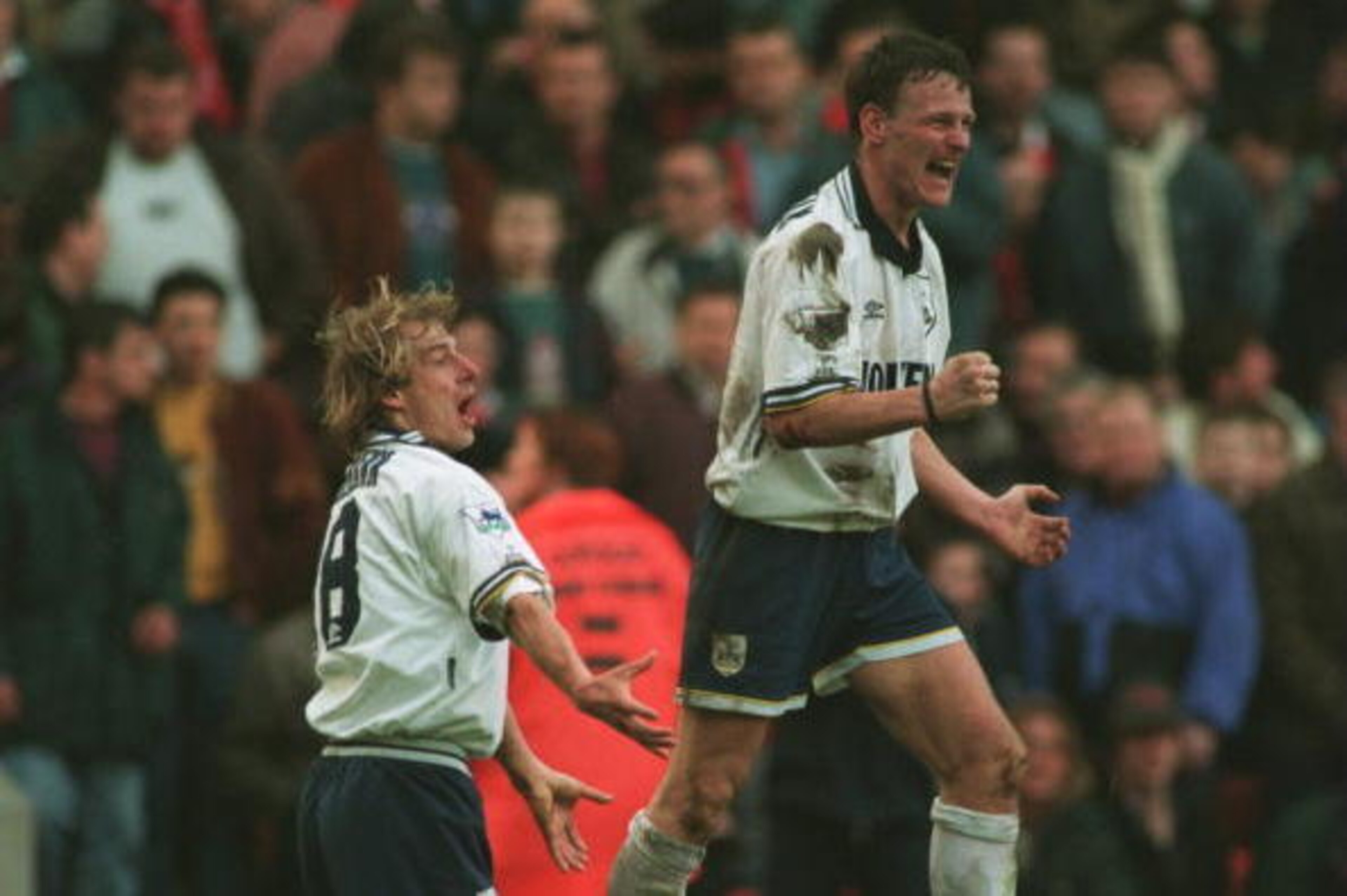 11 MAR 1995:  TEDDY SHERINGHAM OF SPURS (R) CELEBRATES  WITH TEAM MATE JURGEN KLINSMANN  AFTER KLINSMANN SCORES THE LAST MINUTE EQUALISER AGAINST LIVERPOOL IN THEIR FA CUP QUARTERFINAL MATCH AT ANFIELD, LIVERPOOL. Mandatory Credit: Clive Brunskill/ALLSPOR