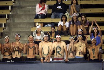 LOS ANGELES, CA - JULY 28:  Members of the Sam Querrey fan club known as the 'The Samurai' cheer during the match between Querrey and Denis Istomin of Uzbekistan during the LA Tennis Open Day 2 at Los Angeles Tennis Center - UCLA on July 28, 2009 in Los A