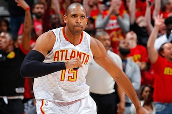 ATLANTA, GA - MAY 06:  Al Horford #15 of the Atlanta Hawks reacts after hitting a three-point basket against the Cleveland Cavaliers in Game Three of the Eastern Conference Semifinals during the 2016 NBA Playoffs at Philips Arena on May 6, 2016 in Atlanta
