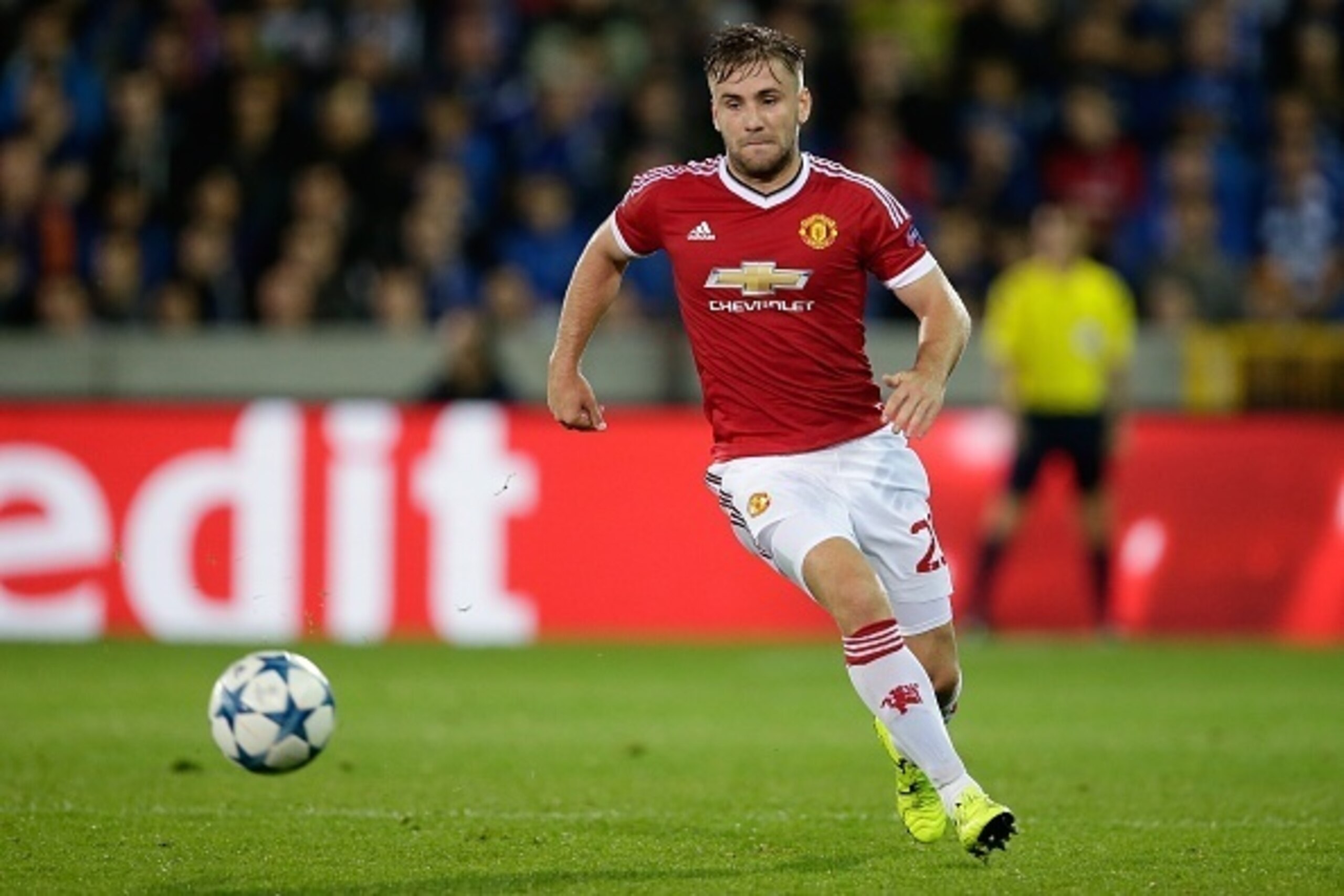 Luke Shaw of Manchester United during the UEFA Champions League play-offs match between Club Brugge and Manchester United on August 26, 2015 at the Jan Breydel stadium in Brugge, Belgium.(Photo by VI Images via Getty Images)