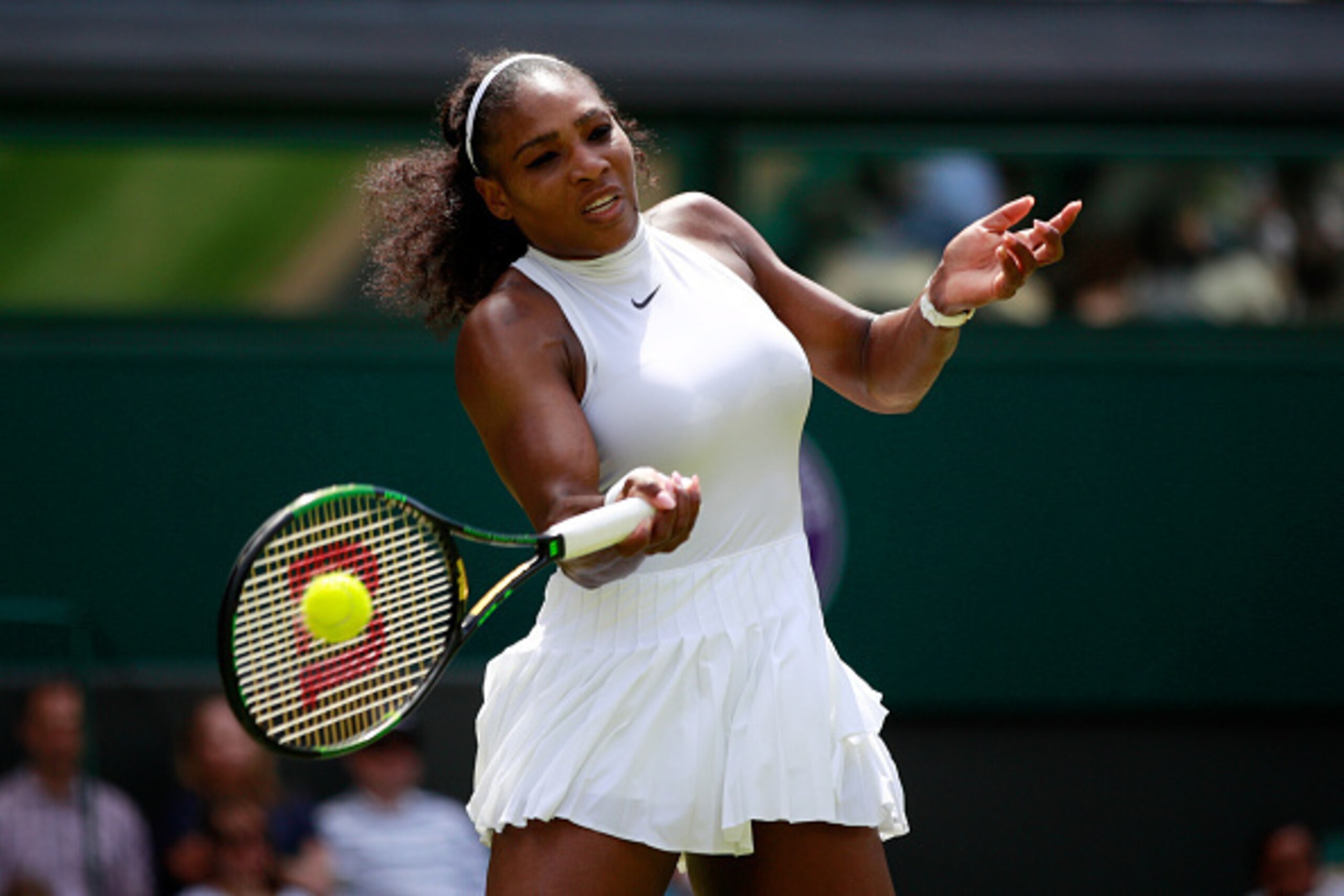 LONDON, ENGLAND - JULY 03:  Serena Williams of The United States plays a forehand during the Ladies Singles third round match against Annika Beck of Germany on Middle Sunday of the Wimbledon Lawn Tennis Championships at the All England Lawn Tennis and Cro