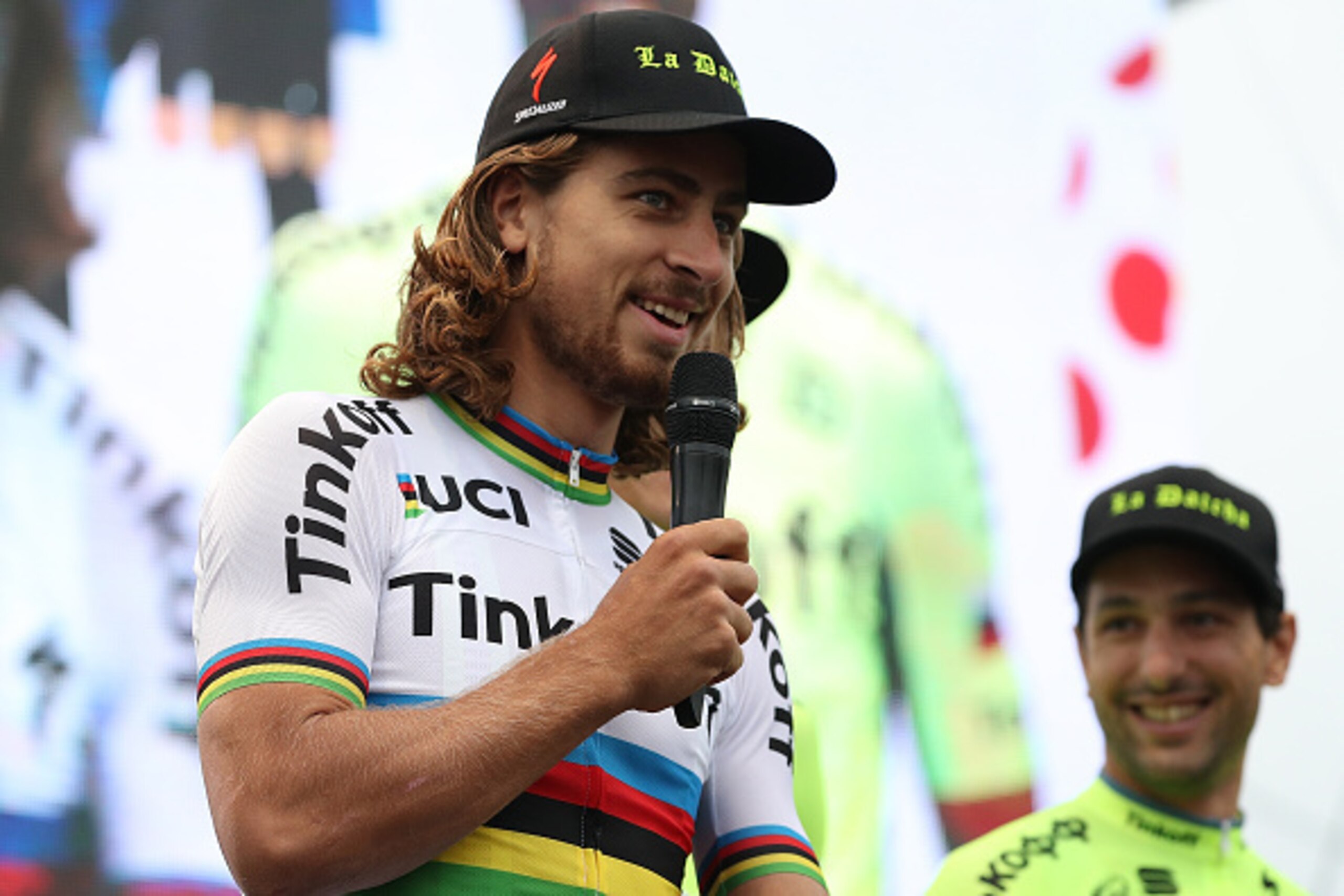 SAINTE-MERE-EGLISE, FRANCE - JUNE 30:  World Champion Peter Sagan of Slovakia riding for Tinkoff talks on stage during the team presentation ahead of the 2016 Le Tour de France on June 30, 2016 in Sainte-Mere-Eglise, France.  (Photo by Chris Graythen/Gett