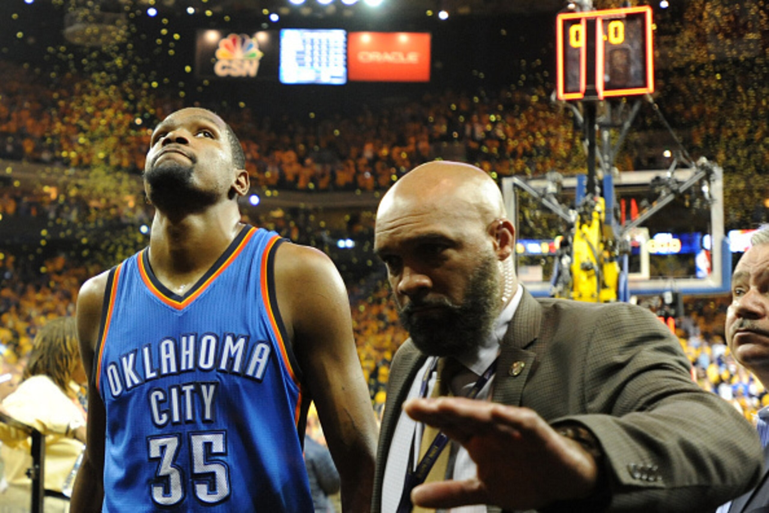 OAKLAND, CA - MAY 30:  Kevin Durant #35 of the Oklahoma City Thunder walks off the court after being defeated 96-88 by the Golden State Warriors in Game Seven of the Western Conference Finals during the 2016 NBA Playoffs at ORACLE Arena on May 30, 2016 in
