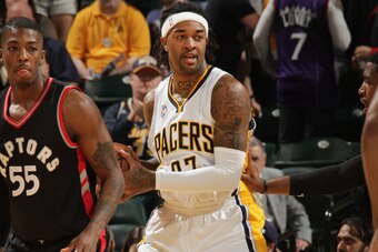 INDIANAPOLIS, IN - APRIL 23: Jordan Hill #27 of the Indiana Pacers defends the ball against the Toronto Raptors during Game Three of the Eastern Conference Quarterfinals during the 2016 NBA Playoffs on April 23, 2016 at Bankers Life Fieldhouse in Indianap