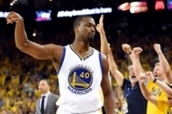 Jun 19, 2016; Oakland, CA, USA; Golden State Warriors forward Harrison Barnes (40) reacts after three point basket during the third quarter against the Cleveland Cavaliers in game seven of the NBA Finals at Oracle Arena. Mandatory Credit: Bob Donnan-USA T