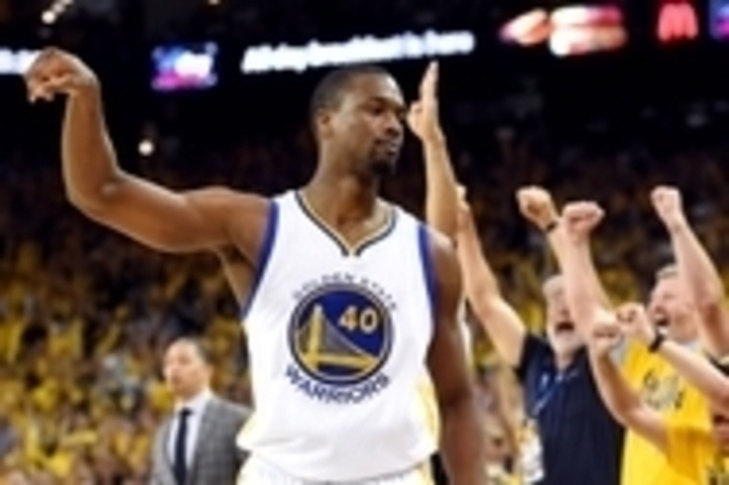 Jun 19, 2016; Oakland, CA, USA; Golden State Warriors forward Harrison Barnes (40) reacts after three point basket during the third quarter against the Cleveland Cavaliers in game seven of the NBA Finals at Oracle Arena. Mandatory Credit: Bob Donnan-USA T