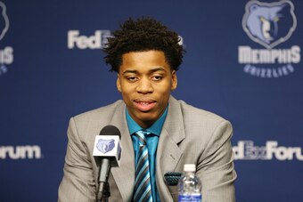 MEMPHIS, TN - JUNE 24:  Deyonta Davis of the Memphis Grizzlies addresses the media during a press conference on June 24, 2016 at FedExForum in Memphis, Tennessee.  NOTE TO USER: User expressly acknowledges and agrees that, by downloading and or using this